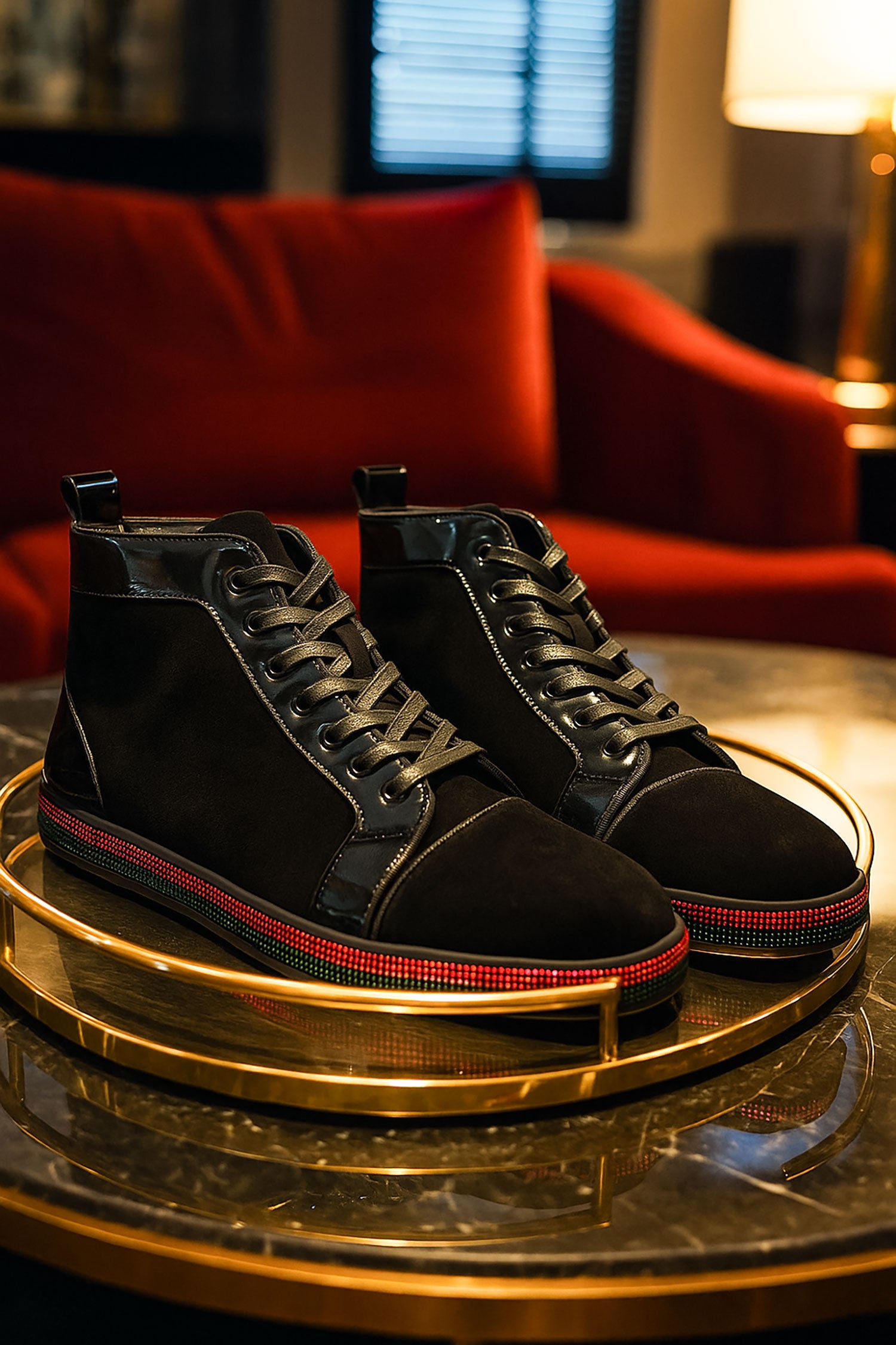 Barabas Men's Red Green Rhinestone Black Velvet Sneakers SH720