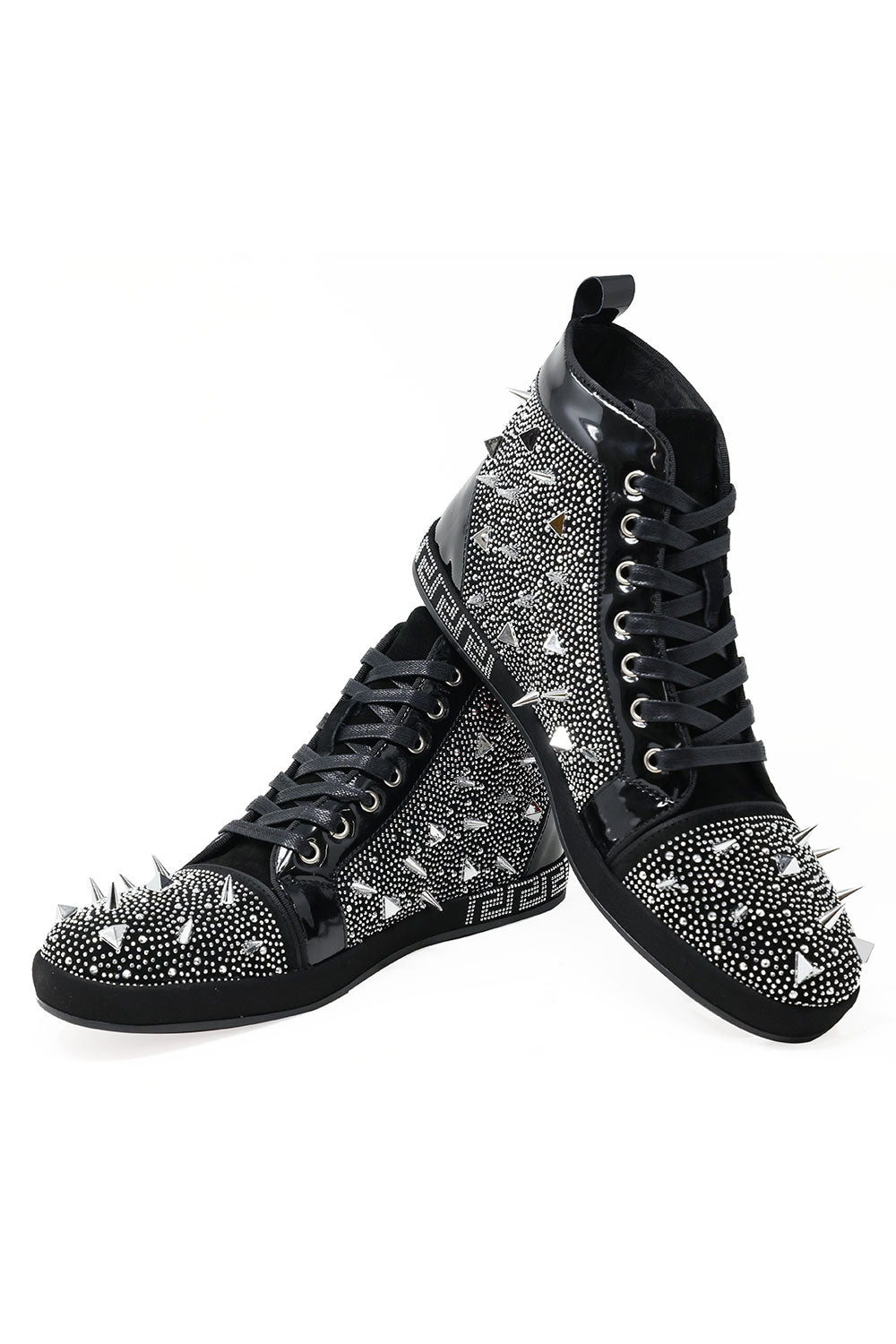 Barabas men's rhinestone spike Greek pattern high-top sneakers SH721 Black silver