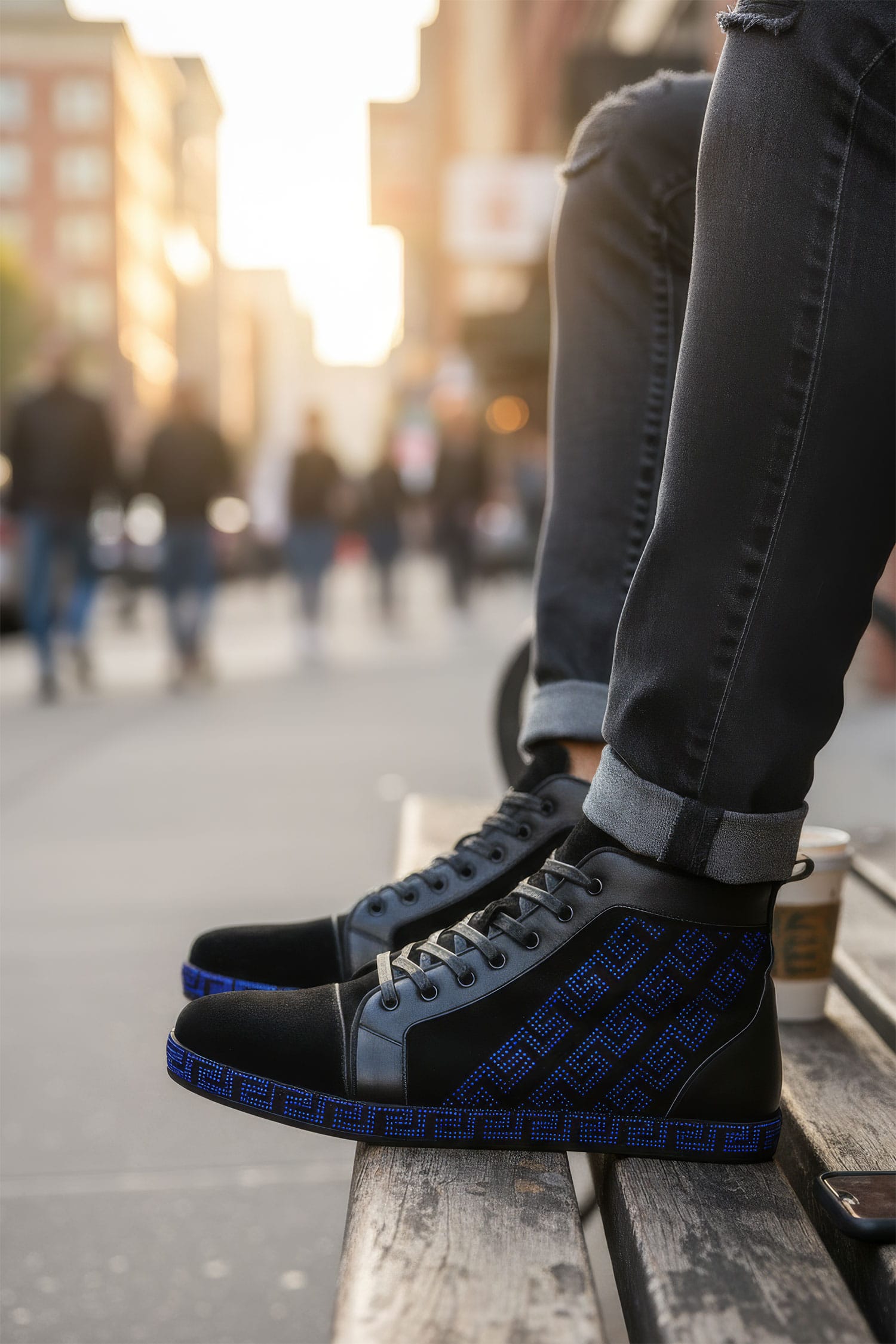Barabas Men's Rhinestone Greek Pattern Design High Top Sneakers SH729 Black Blue