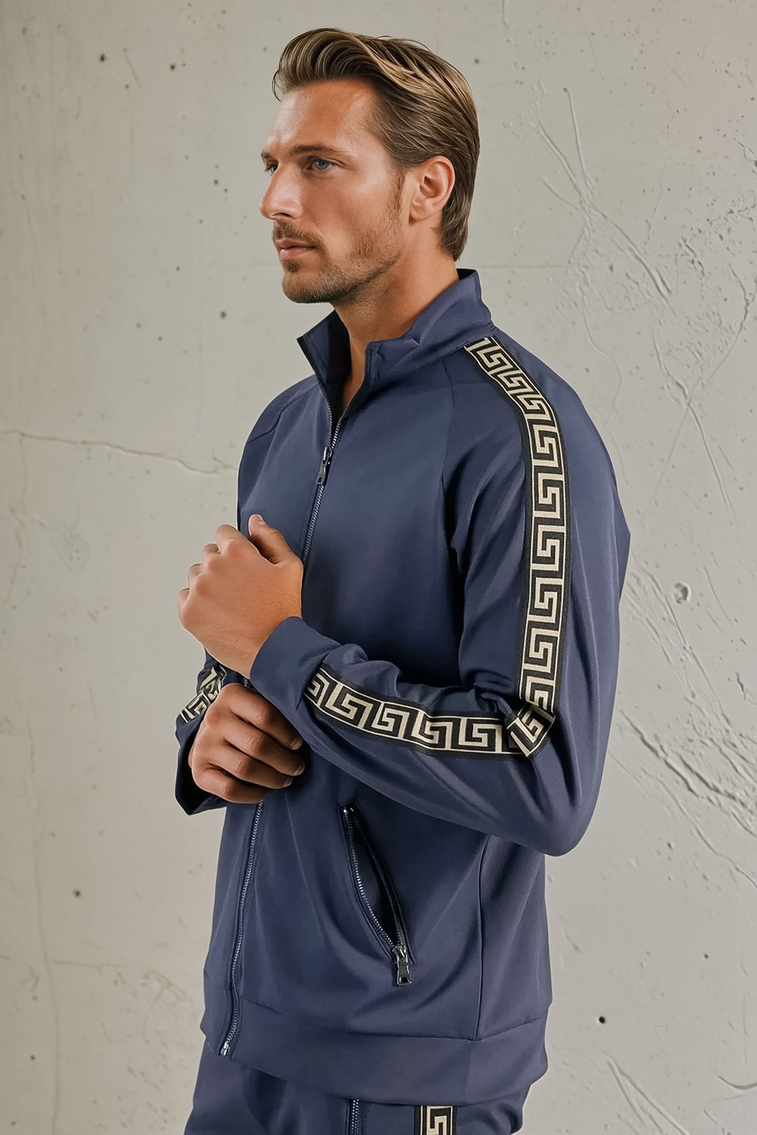 BARABAS Men's Greek Key Pattern Zipper Tracking Suit Jacket SJ100 Navy