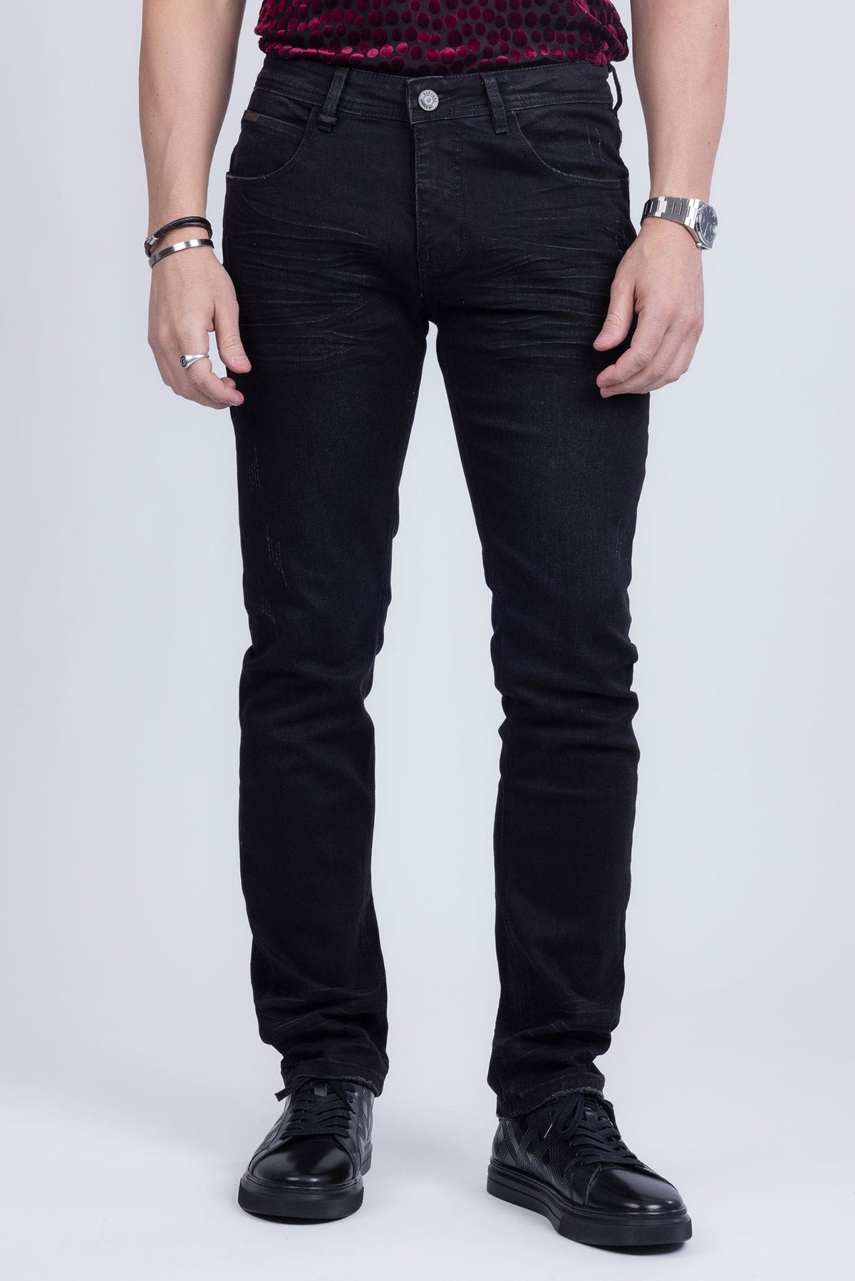BARABAS Men's Distressed Ripped Slim Fit Denim Jeans SN8850 #Color_Black