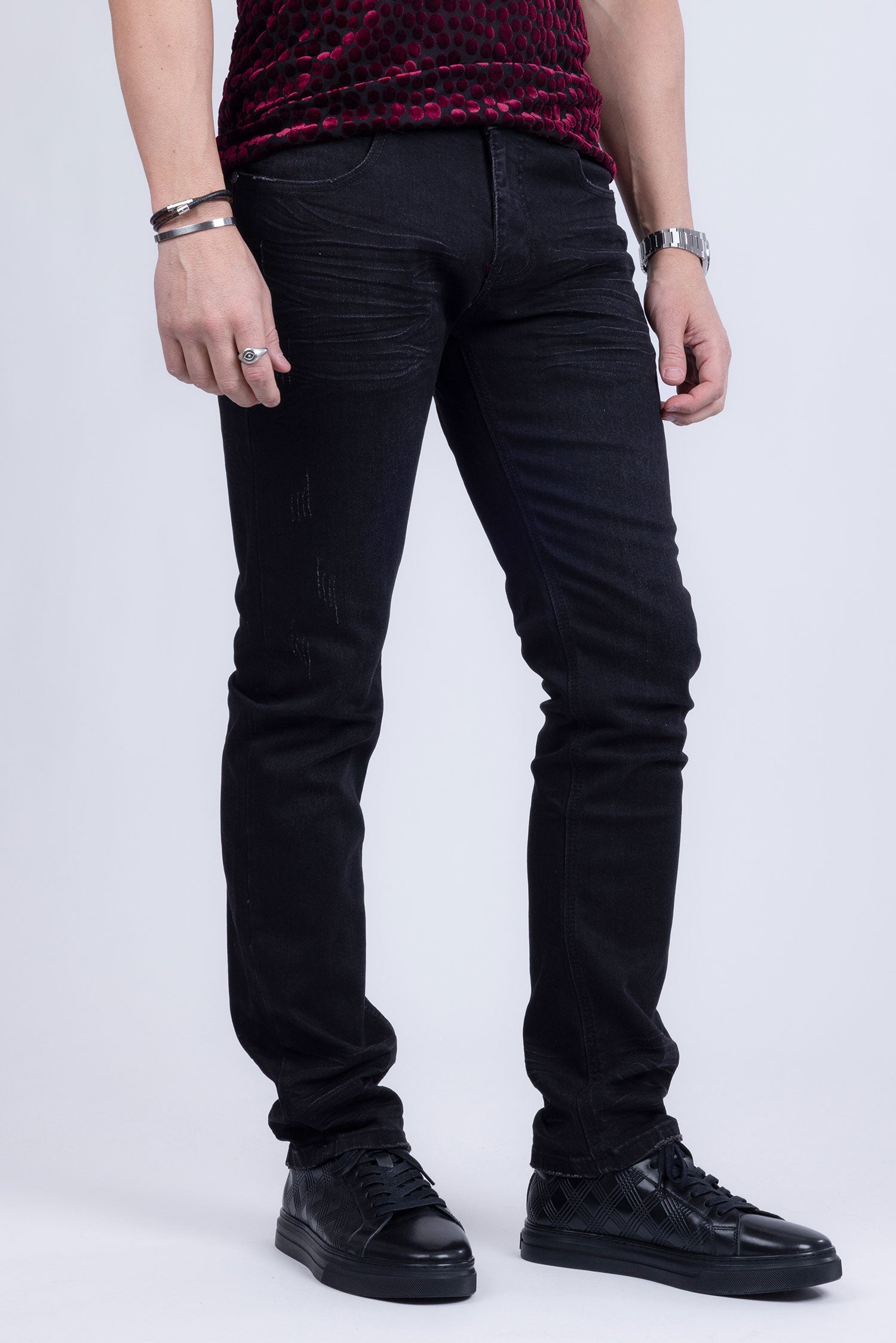 BARABAS Men's Distressed Ripped Slim Fit Denim Jeans SN8850 Black