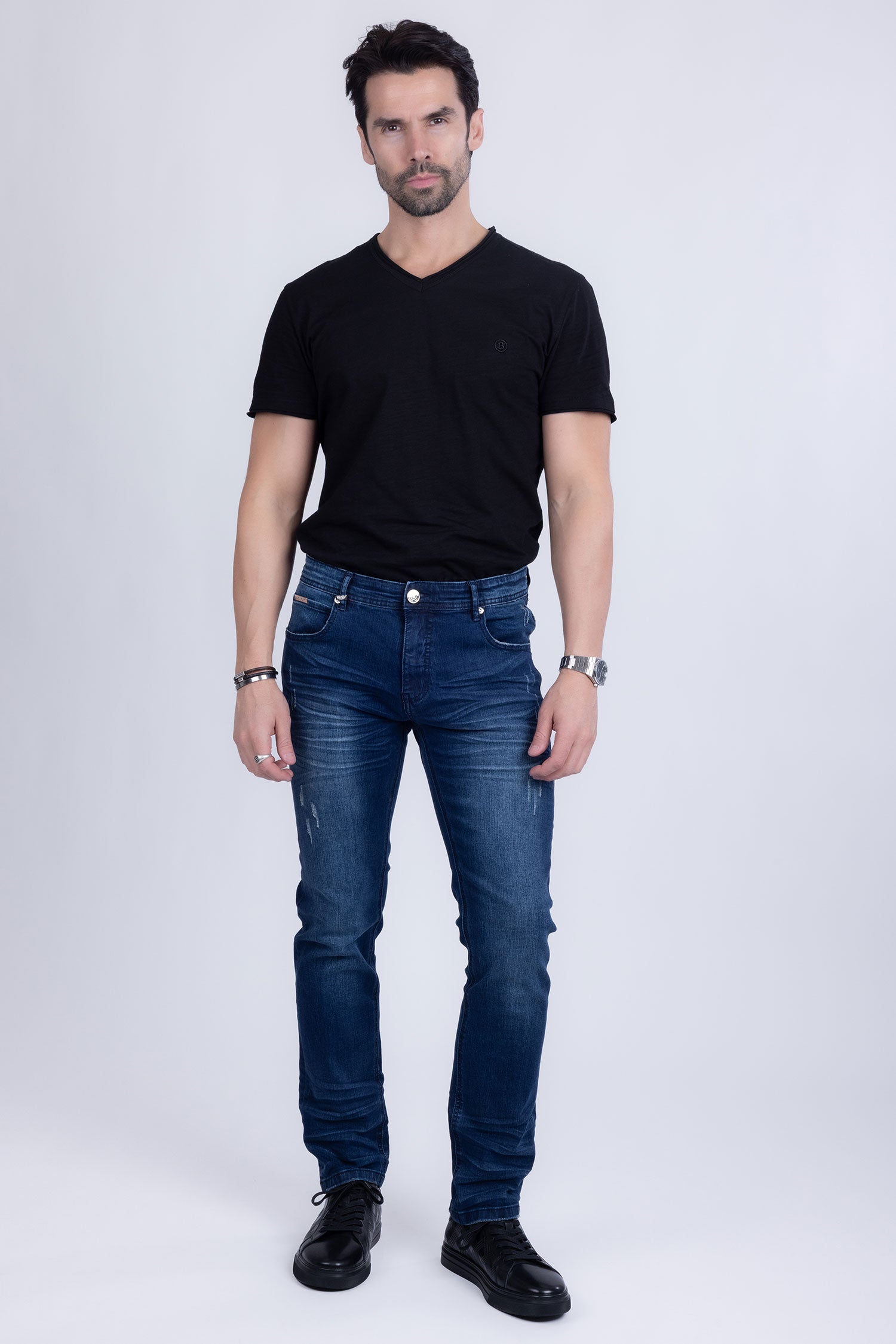 BARABAS Men's Distressed Ripped Slim Fit Denim Jeans SN8850 Dark Blue