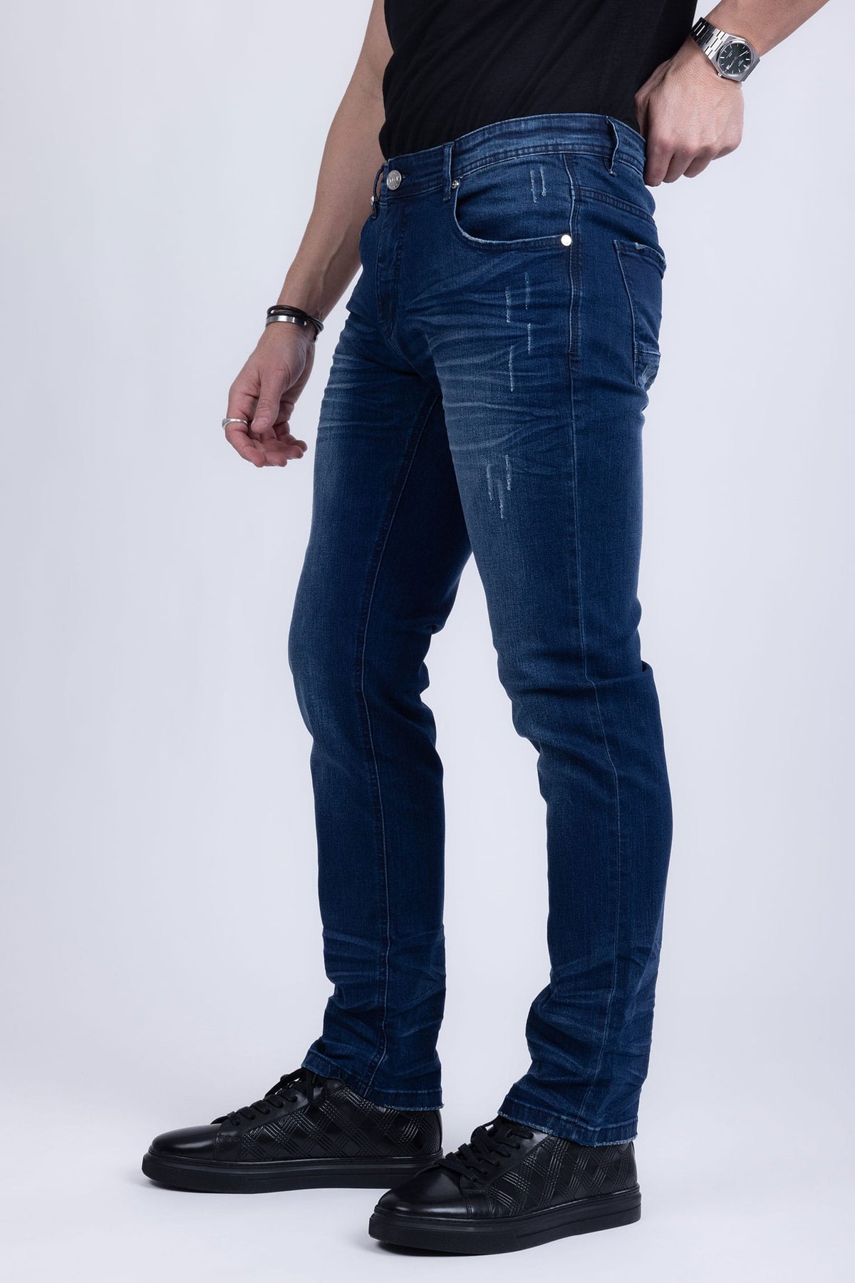 BARABAS Men's Distressed Ripped Slim Fit Denim Jeans SN8850 #Color_Dark Blue