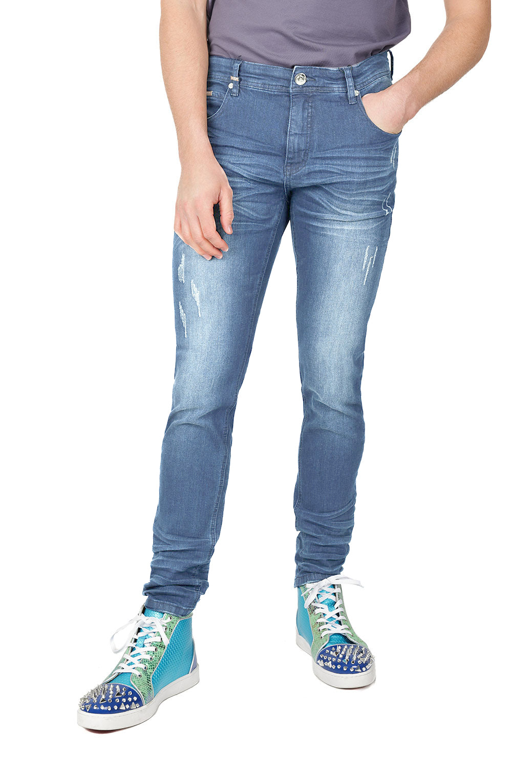 BARABAS Men's Distressed Blue Black Grey Denim Jeans SN8850 Sky Blue
