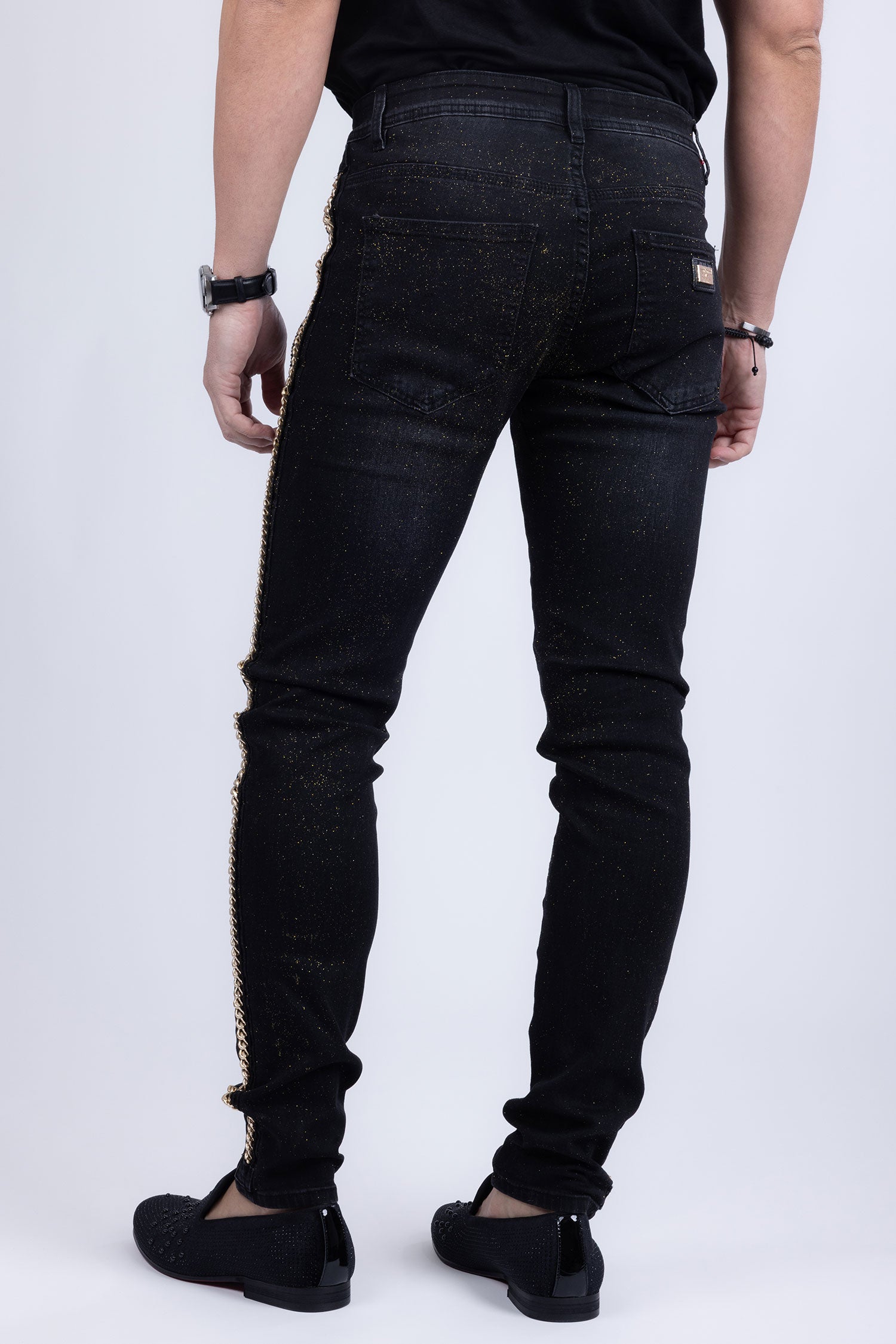 BARABAS Men's Sparkly Glittery Chain Design Denim Jeans SN8855 Black Gold