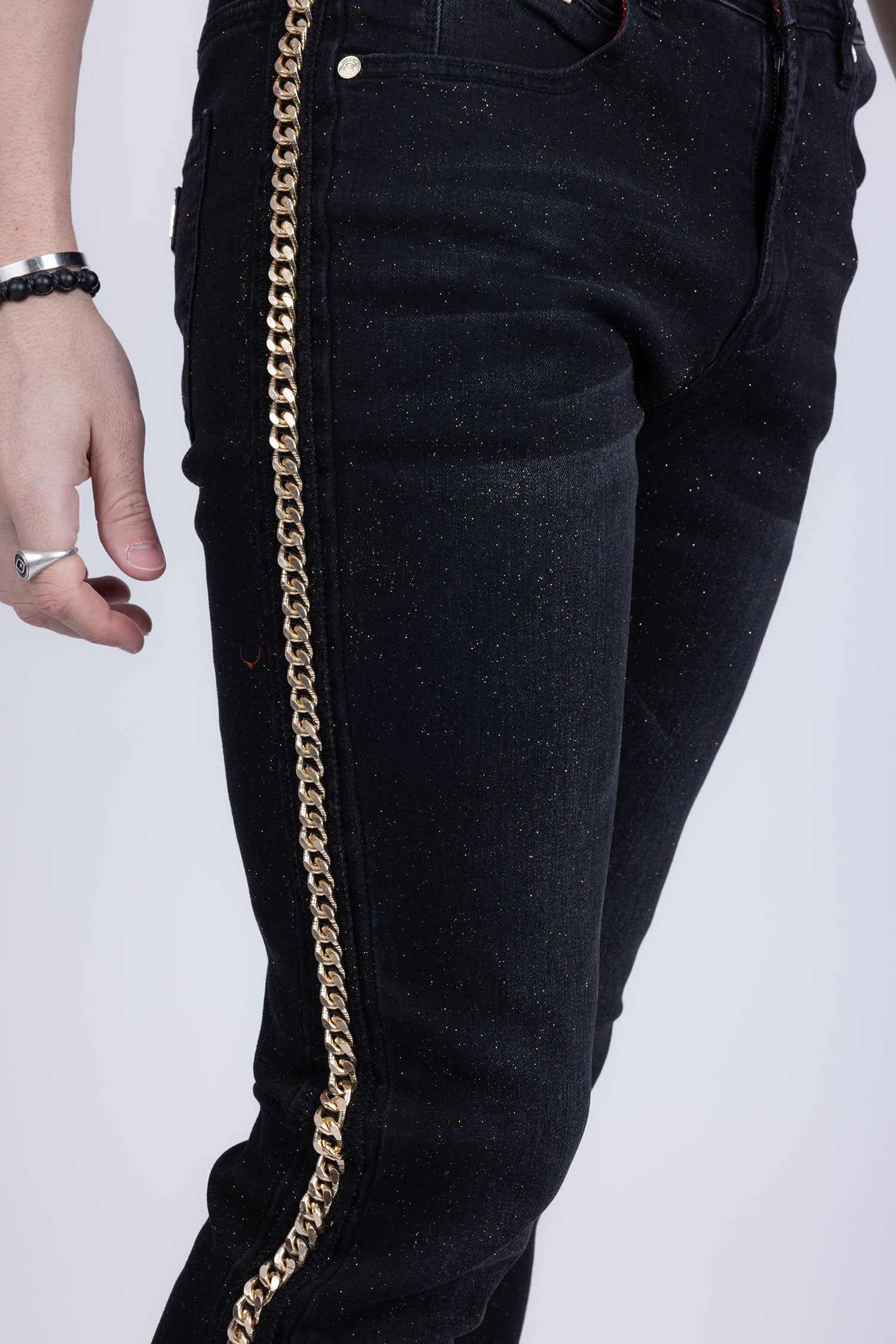 BARABAS Men's Sparkly Glittery Chain Design Denim Jeans SN8855 Black Gold