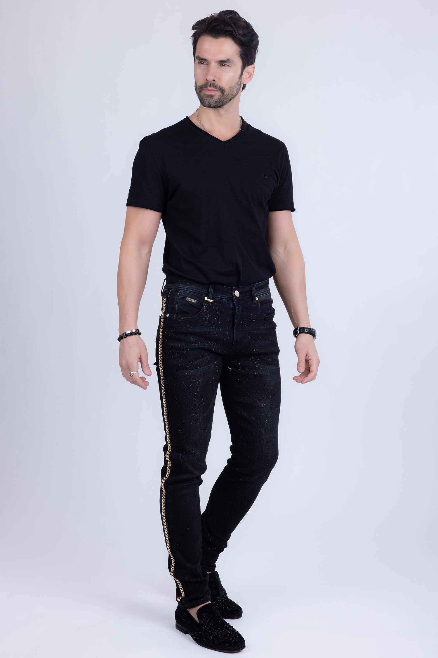 BARABAS Men's Sparkly Glittery Chain Design Denim Jeans SN8855 Black Gold
