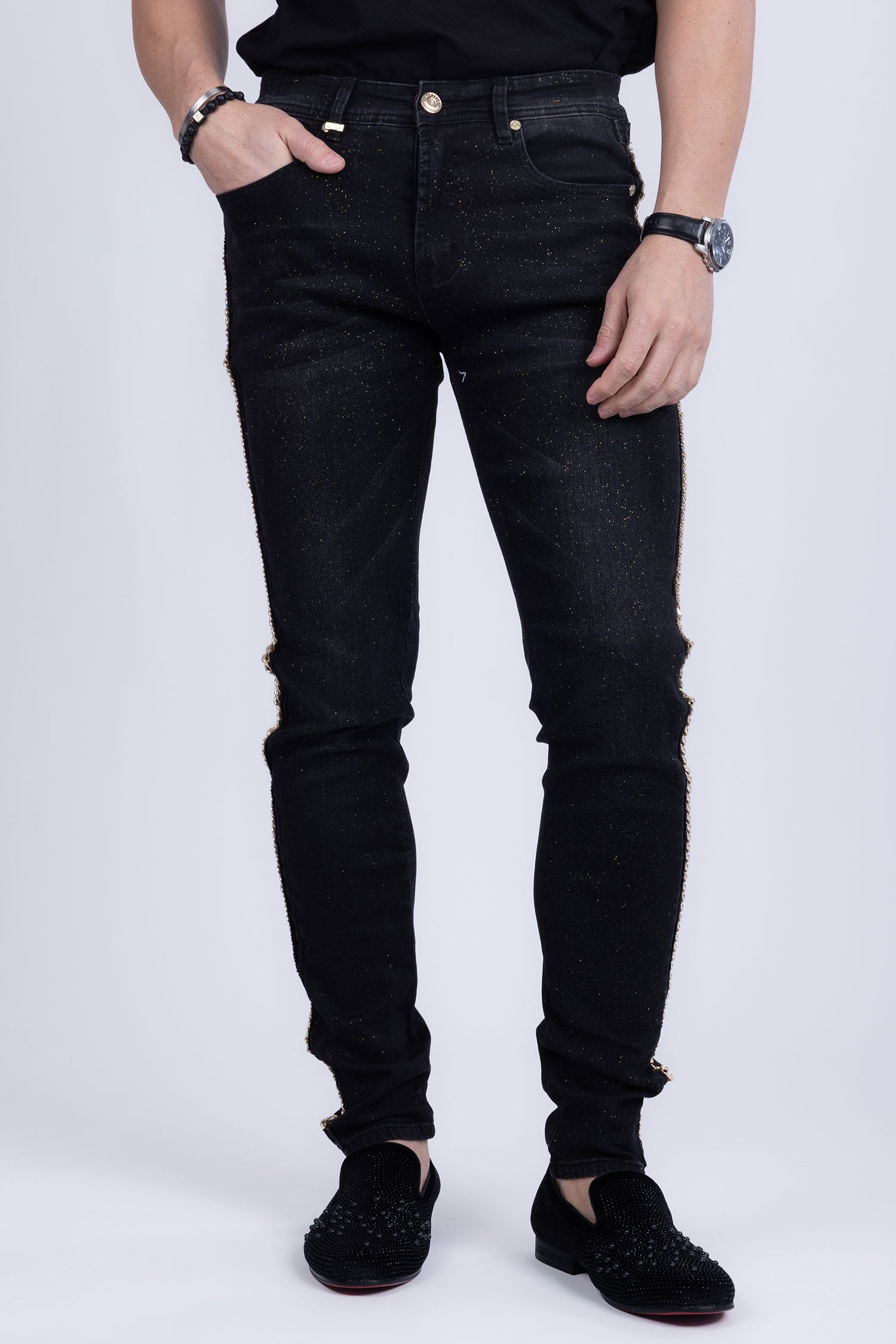 BARABAS Men's Sparkly Glittery Chain Design Denim Jeans SN8855 Black Gold