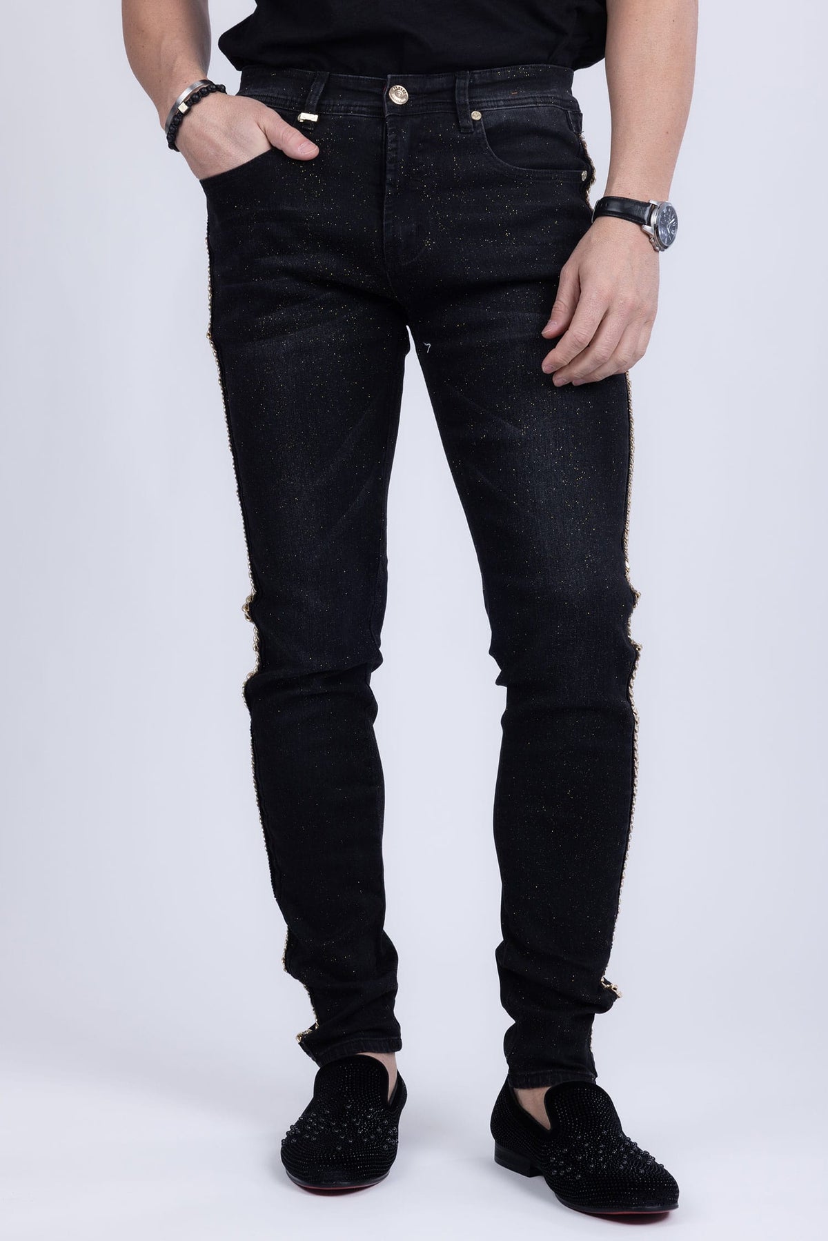 Barabas Men's Sparkly Glittery Chain Design Denim Jeans SN8855 Black