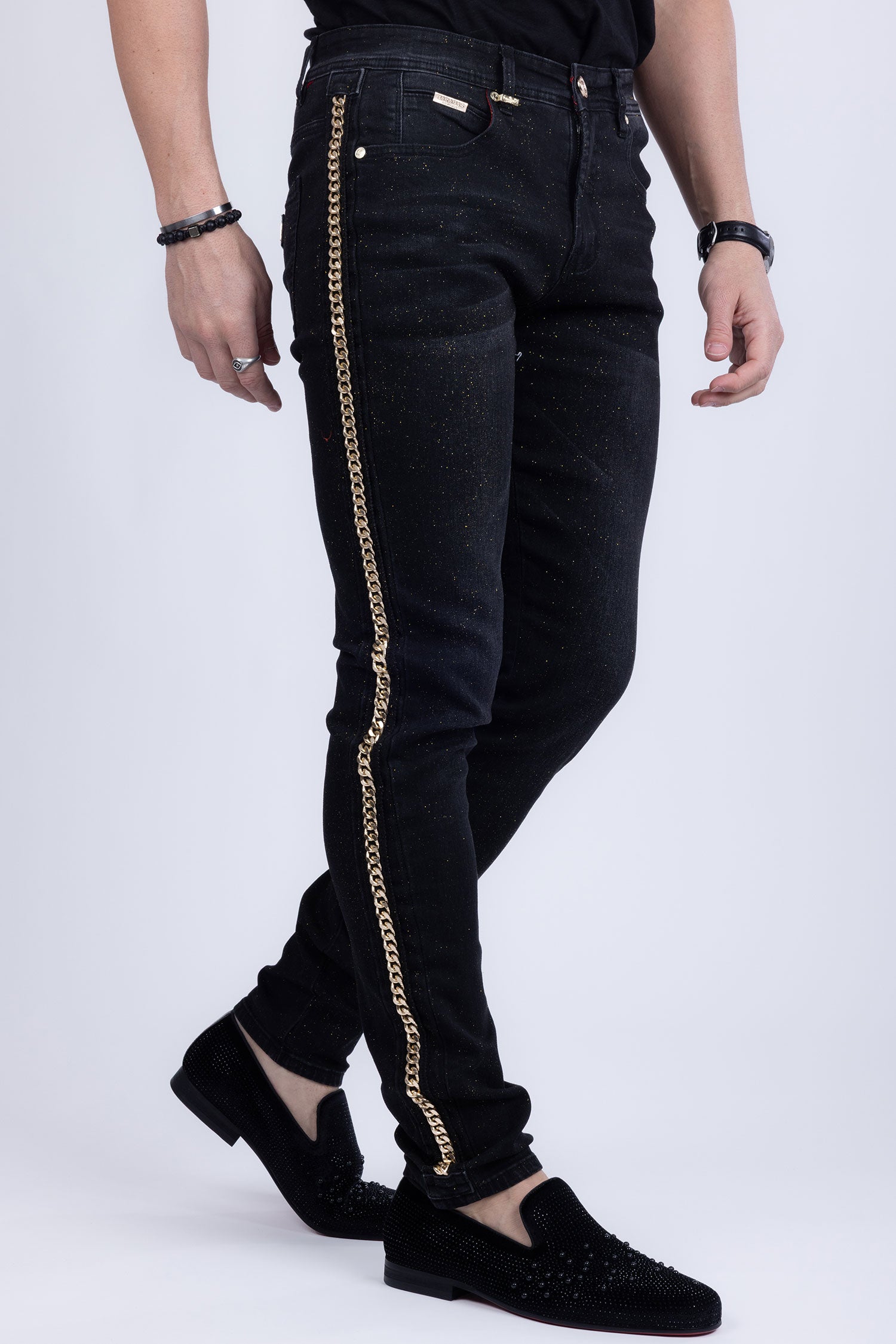 BARABAS Men's Sparkly Glittery Chain Design Denim Jeans SN8855 Black Gold
