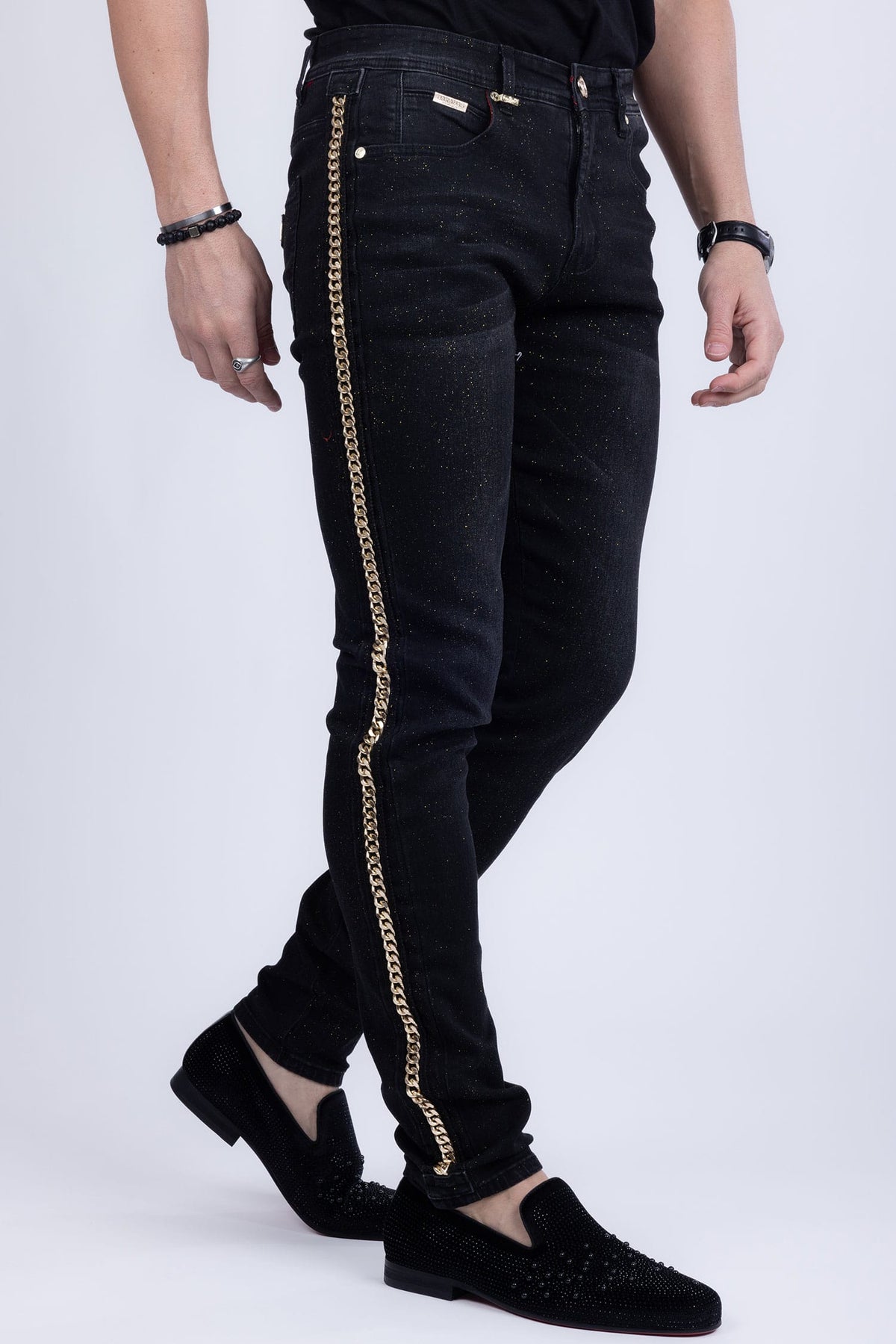 Barabas Men's Sparkly Glittery Chain Design Denim Jeans SN8855 Black