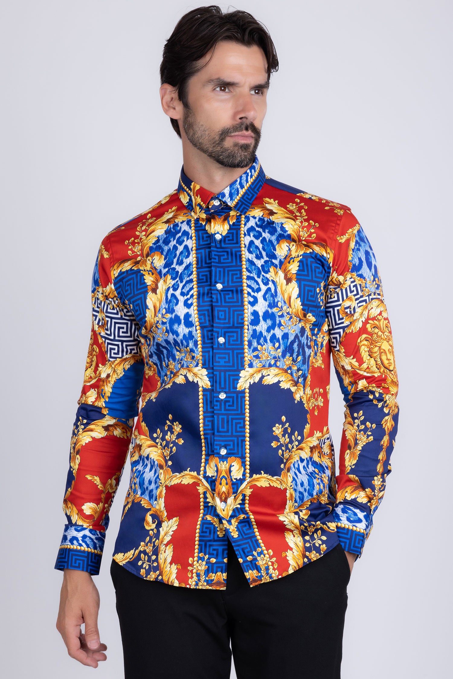 BARABAS Men's Medusa Floral Greek Key Button Down Baroque Shirt SP01 Blue