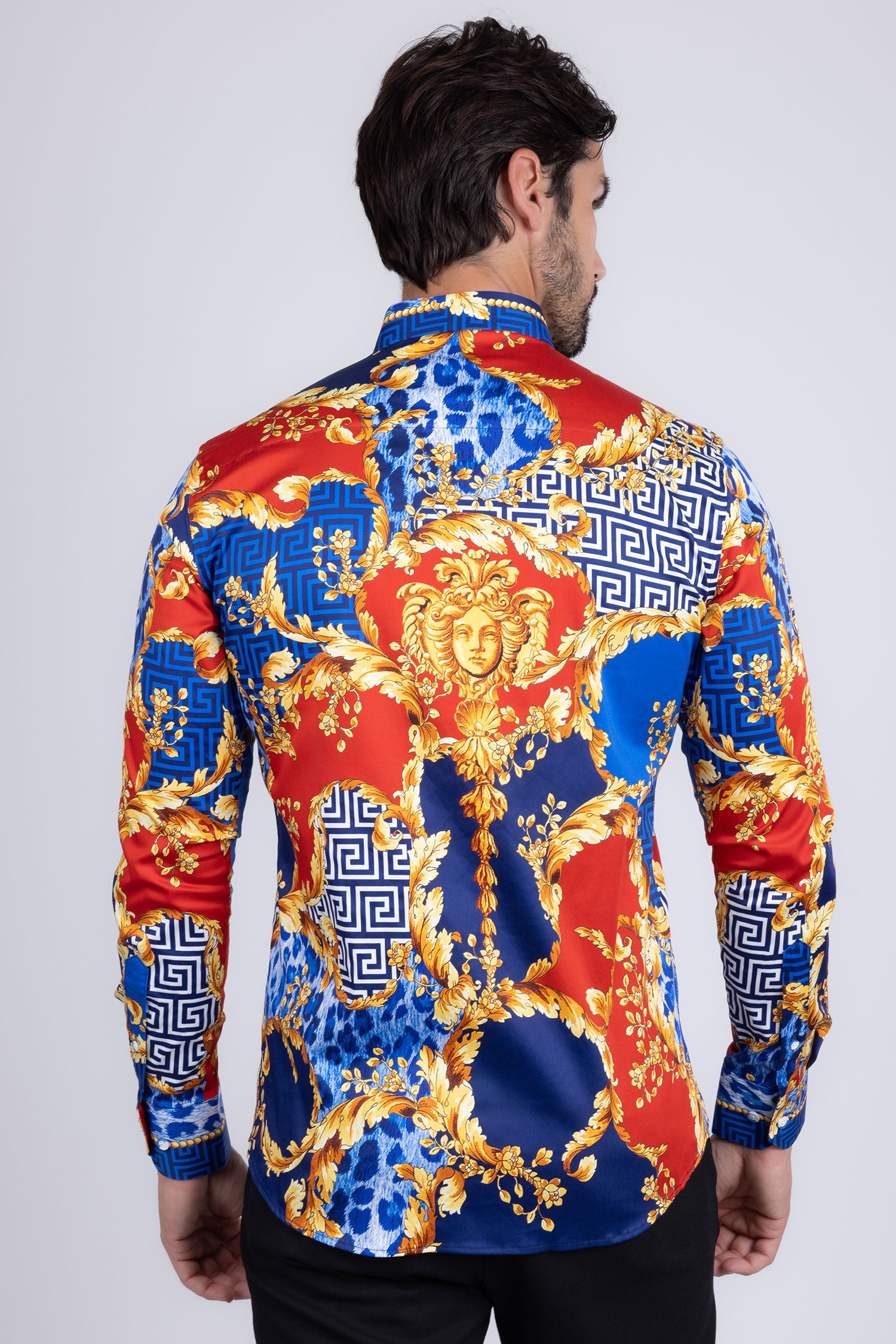 BARABAS Men's Medusa Floral Greek Key Button Down Baroque Shirt SP01 Blue