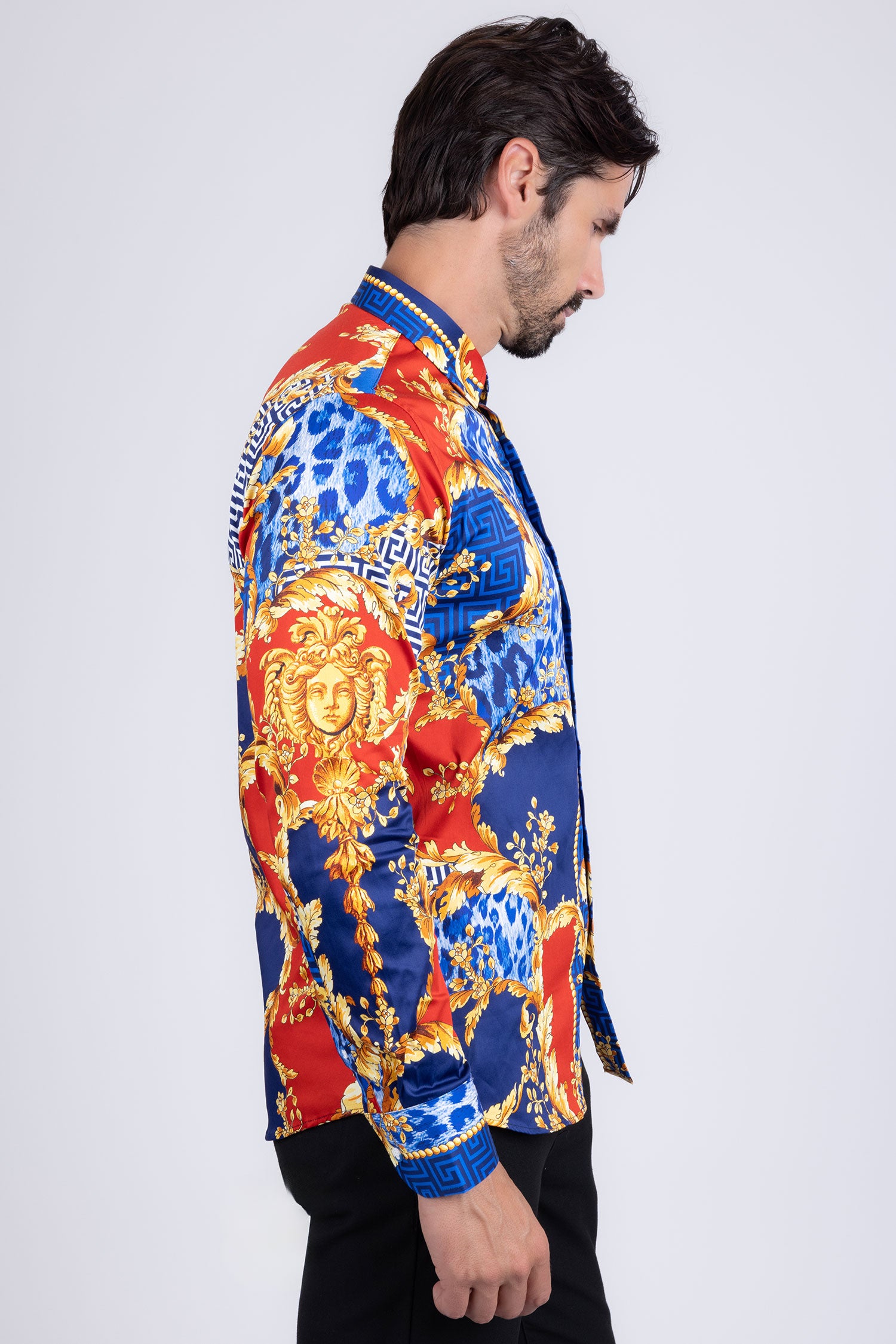 BARABAS Men's Medusa Floral Greek Key Button Down Baroque Shirt SP01 Blue
