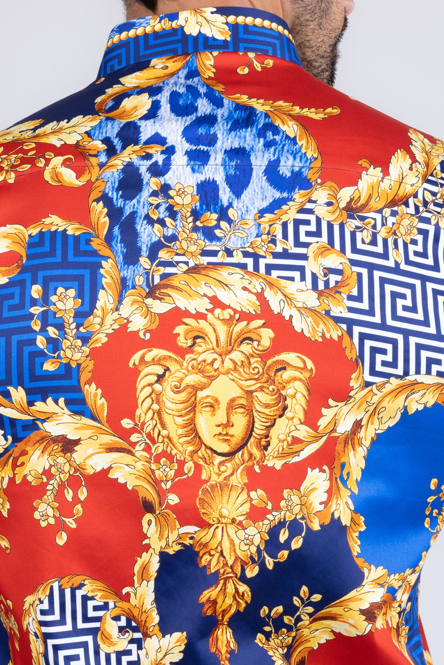 BARABAS Men's Medusa Floral Greek Key Button Down Baroque Shirt SP01 Blue