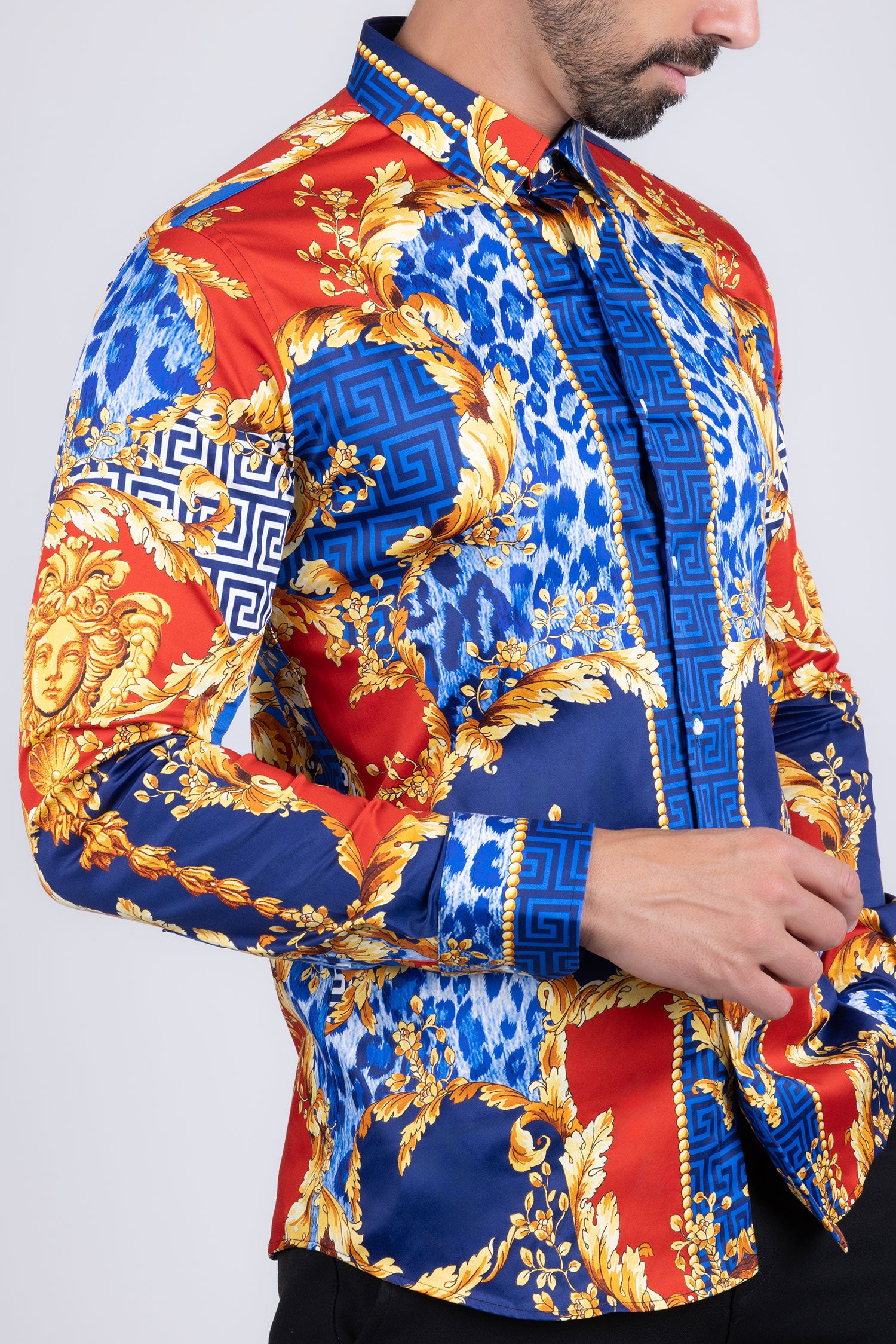 BARABAS Men's Medusa Floral Greek Key Button Down Baroque Shirt SP01 Blue