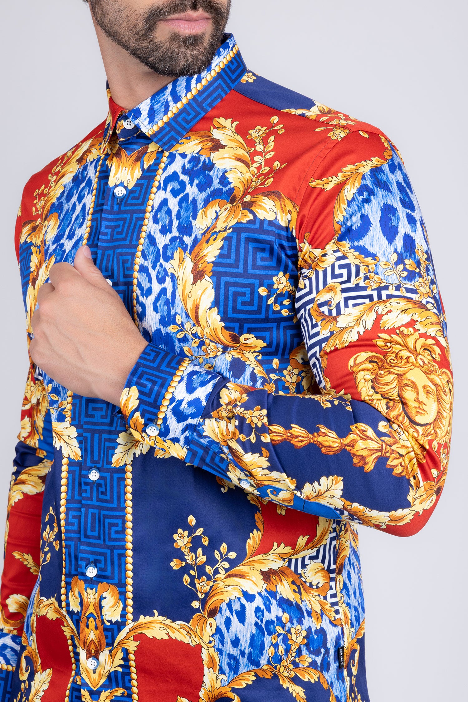 BARABAS Men's Medusa Floral Greek Key Button Down Baroque Shirt SP01 Blue