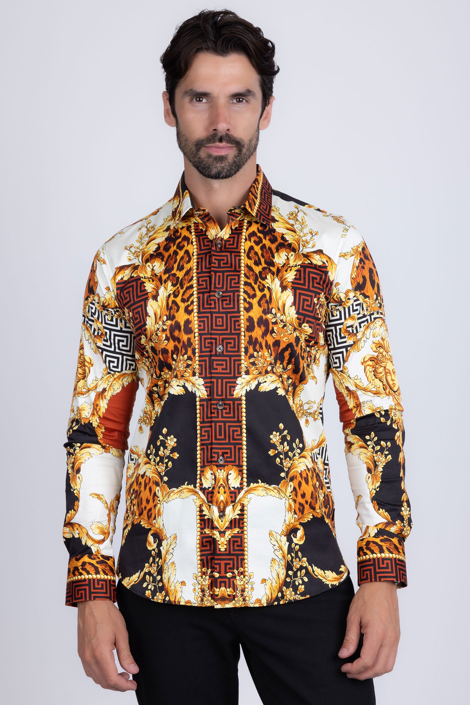 BARABAS Men's Medusa Floral Greek Key Button Down Baroque Shirt SP01 Saddle
