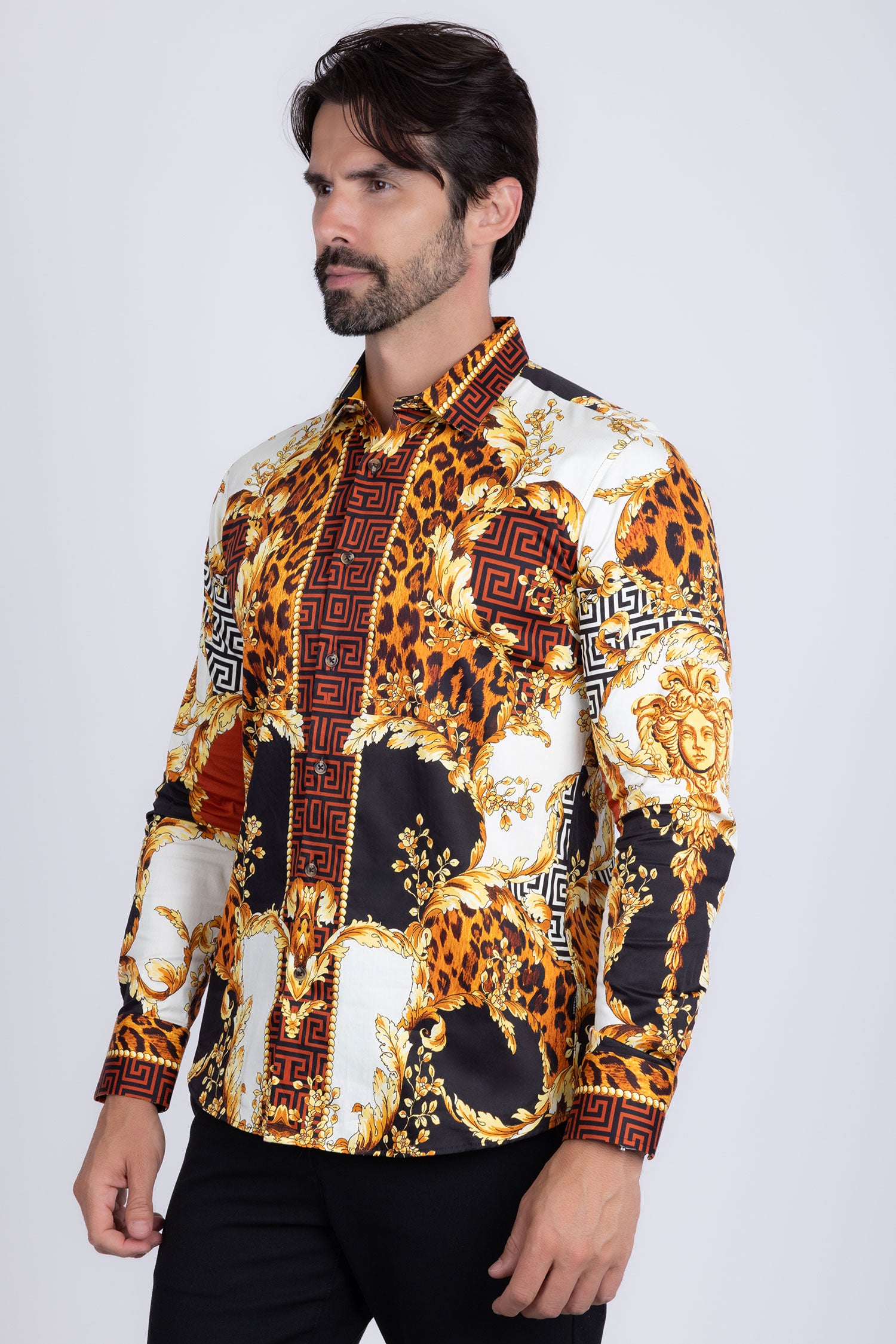 BARABAS Men's Medusa Floral Greek Key Button Down Baroque Shirt SP01 Saddle