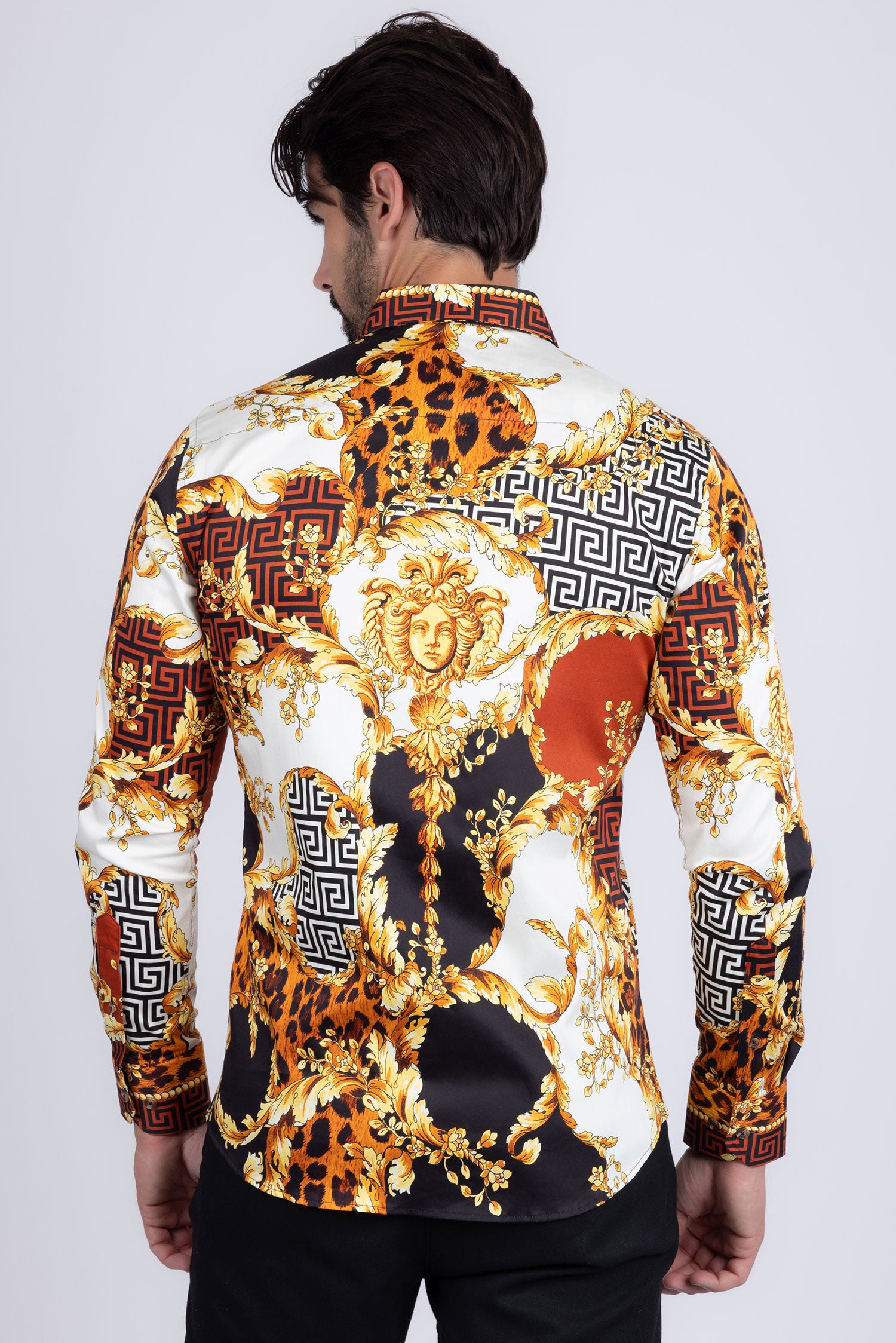 BARABAS Men's Medusa Floral Greek Key Button Down Baroque Shirt SP01 Gold