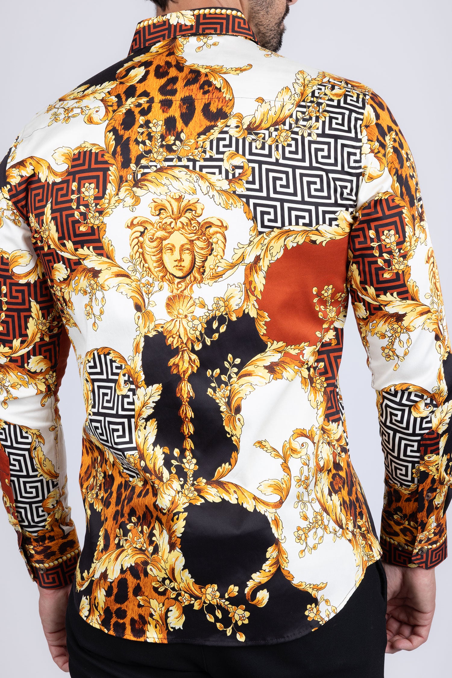 BARABAS Men's Medusa Floral Greek Key Button Down Baroque Shirt SP01 Gold