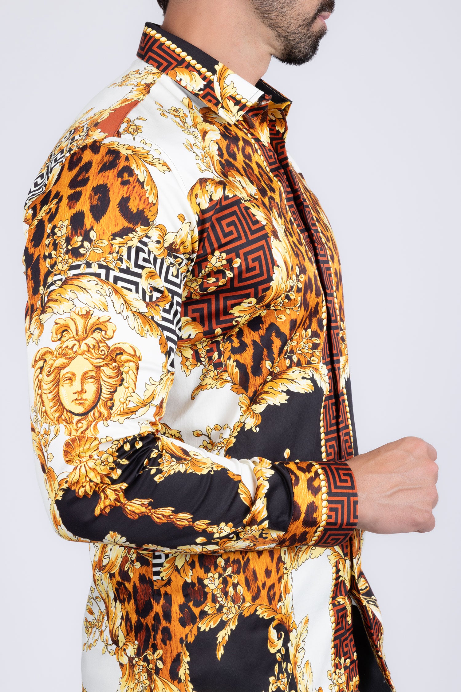 BARABAS Men's Medusa Floral Greek Key Button Down Baroque Shirt SP01 Gold