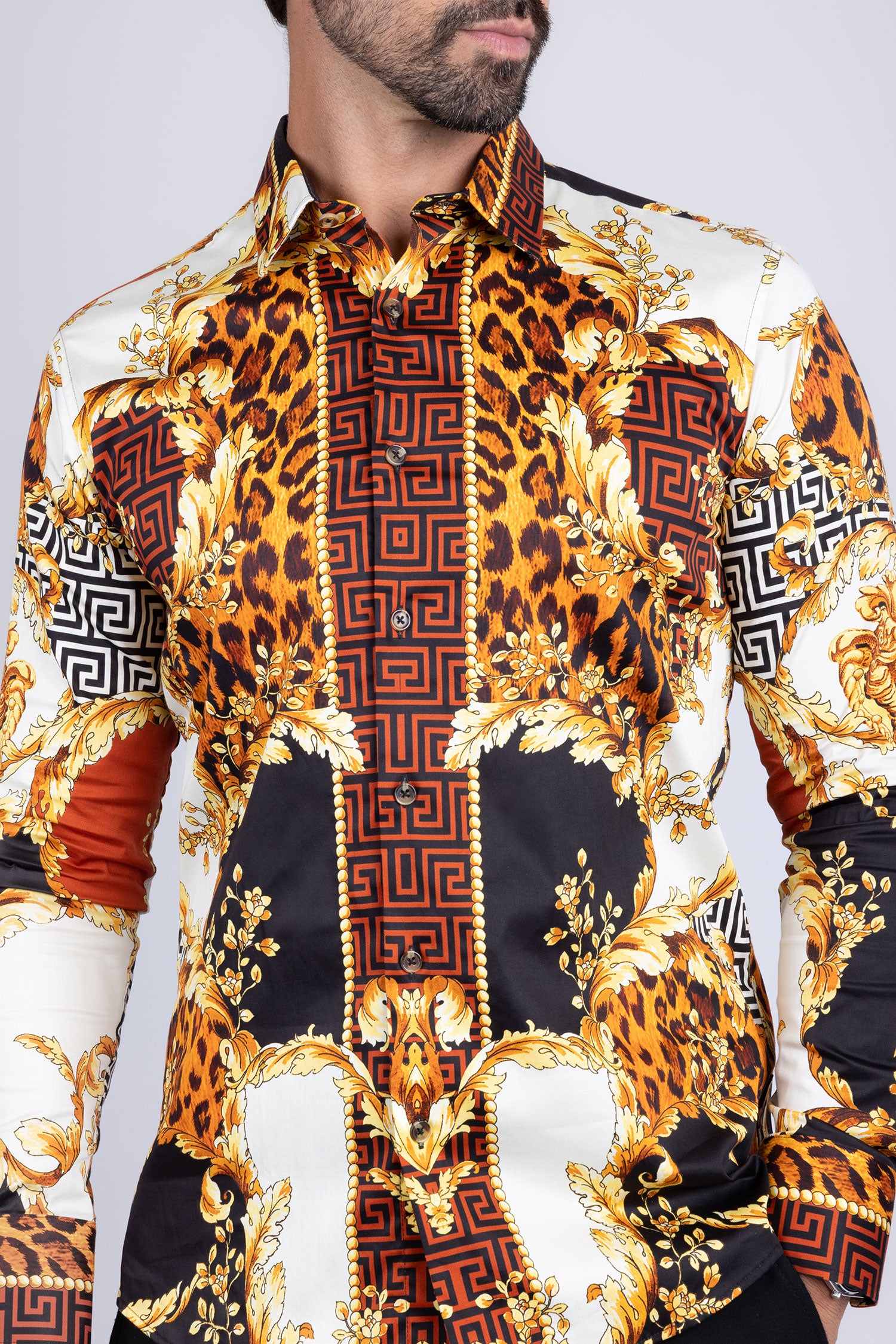 BARABAS Men's Medusa Floral Greek Key Button Down Baroque Shirt SP01 Gold