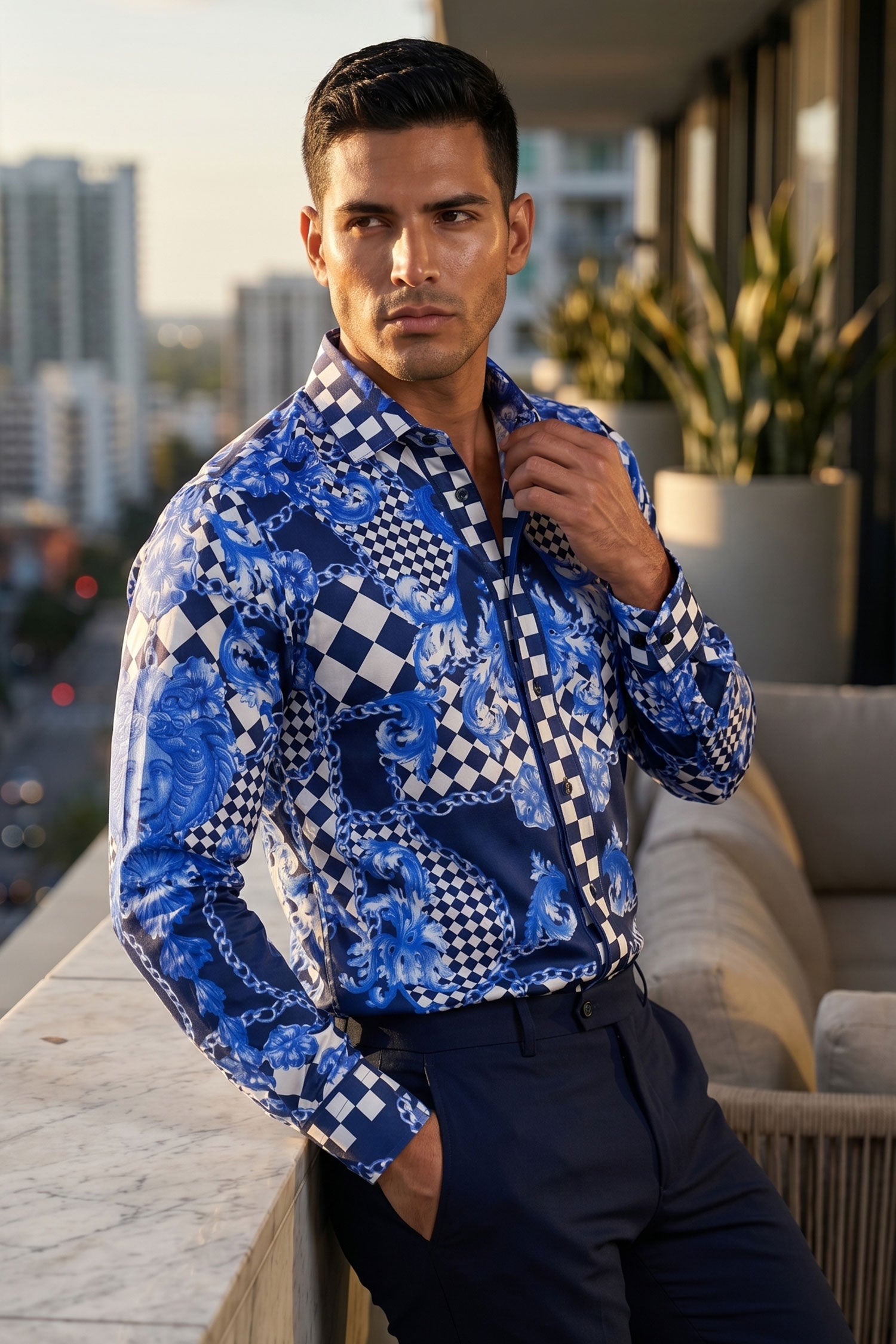 BARABAS Men's Medusa Floral Checkered Baroque Button Down Shirt SP02