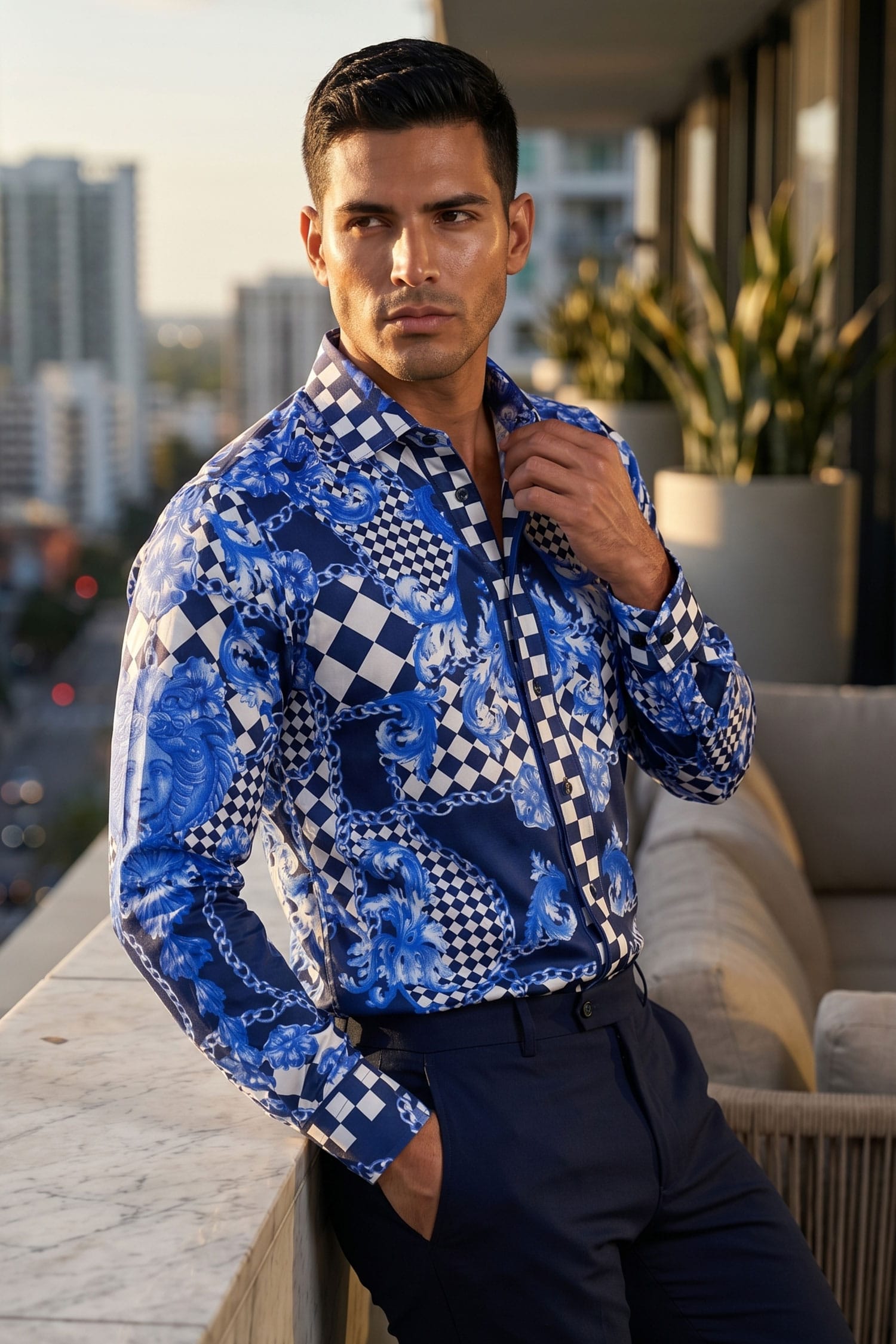 BARABAS Men's Medusa Floral Checkered Baroque Button Down Shirt SP02
