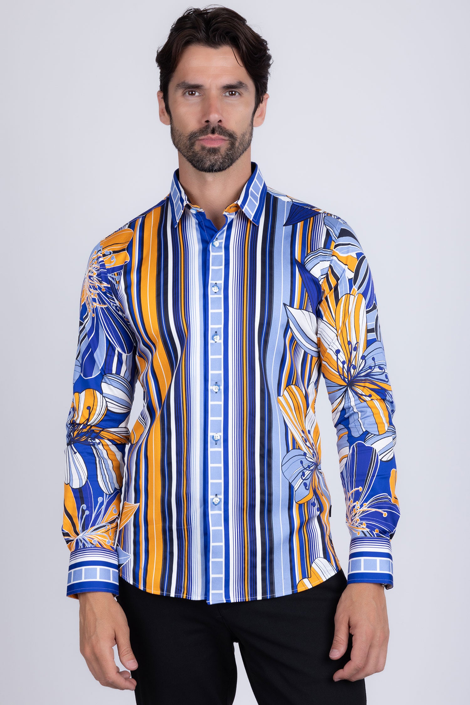 BARABAS Men's Vibrant Floral Printed Striped Long Sleeves Shirt SP08 Blue