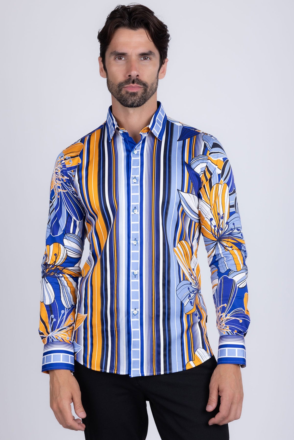 BARABAS Men's Vibrant Floral Printed Striped Long Sleeves Shirt SP08 Blue
