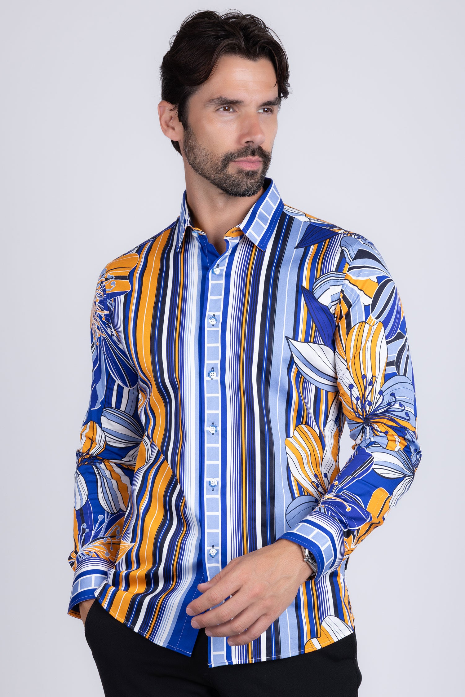 BARABAS Men's Vibrant Floral Printed Striped Long Sleeves Shirt SP08 Blue