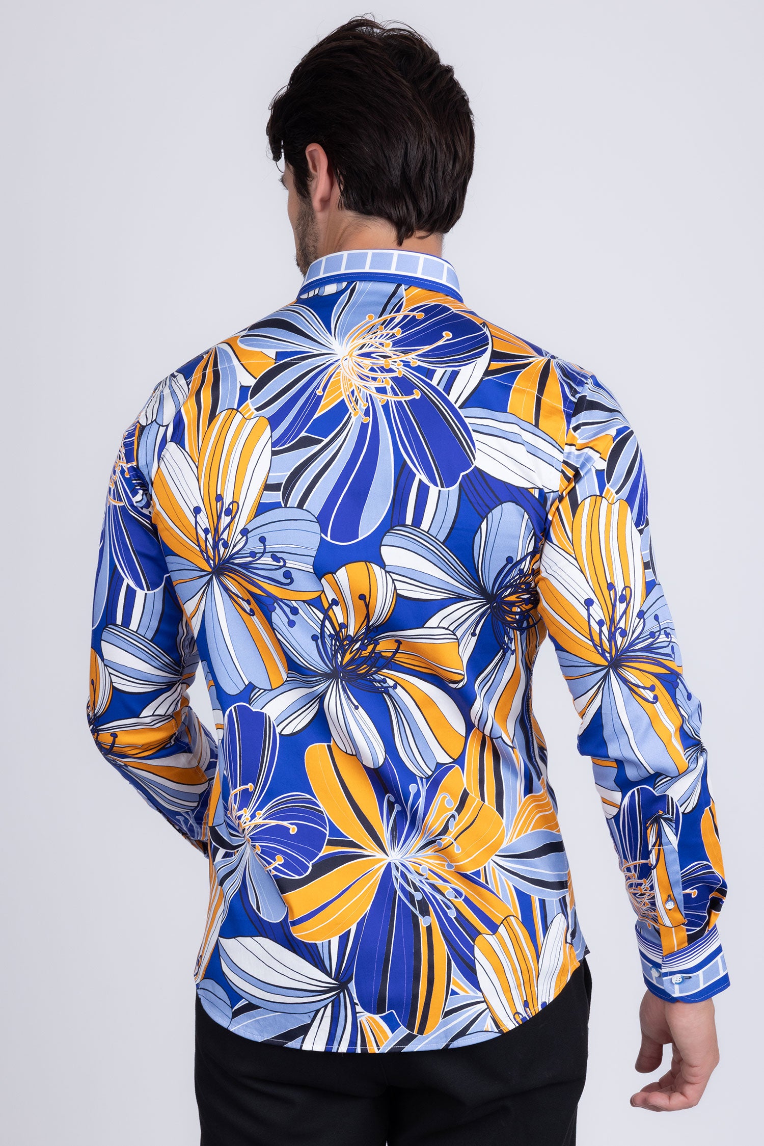 BARABAS Men's Vibrant Floral Printed Striped Long Sleeves Shirt SP08 Blue