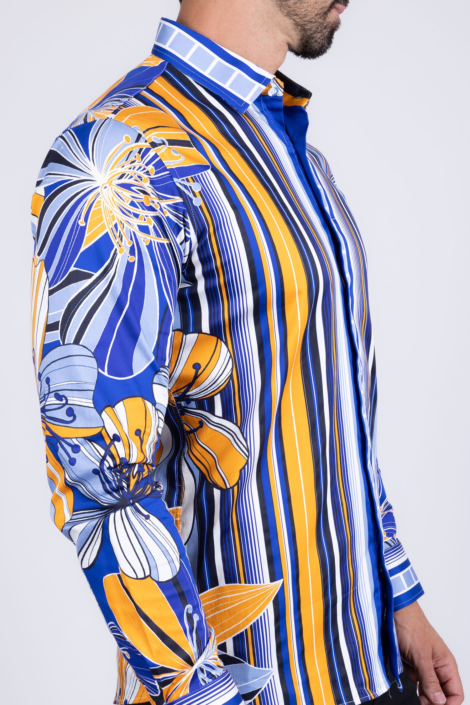 BARABAS Men's Vibrant Floral Printed Striped Long Sleeves Shirt SP08 Blue