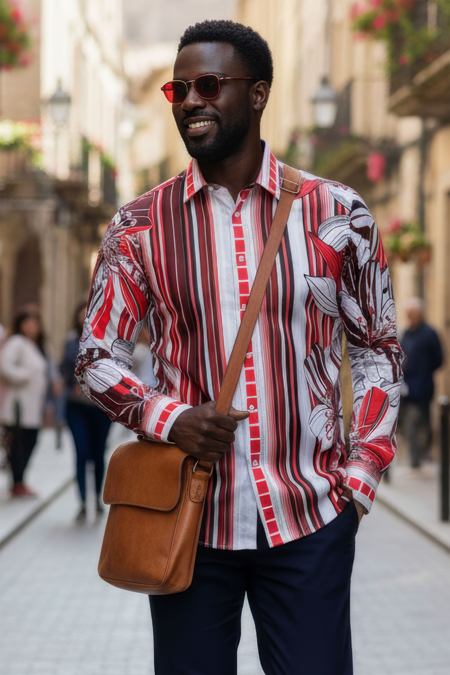 BARABAS Men's Vibrant Floral Printed Striped Long Sleeves Shirt SP08 Red