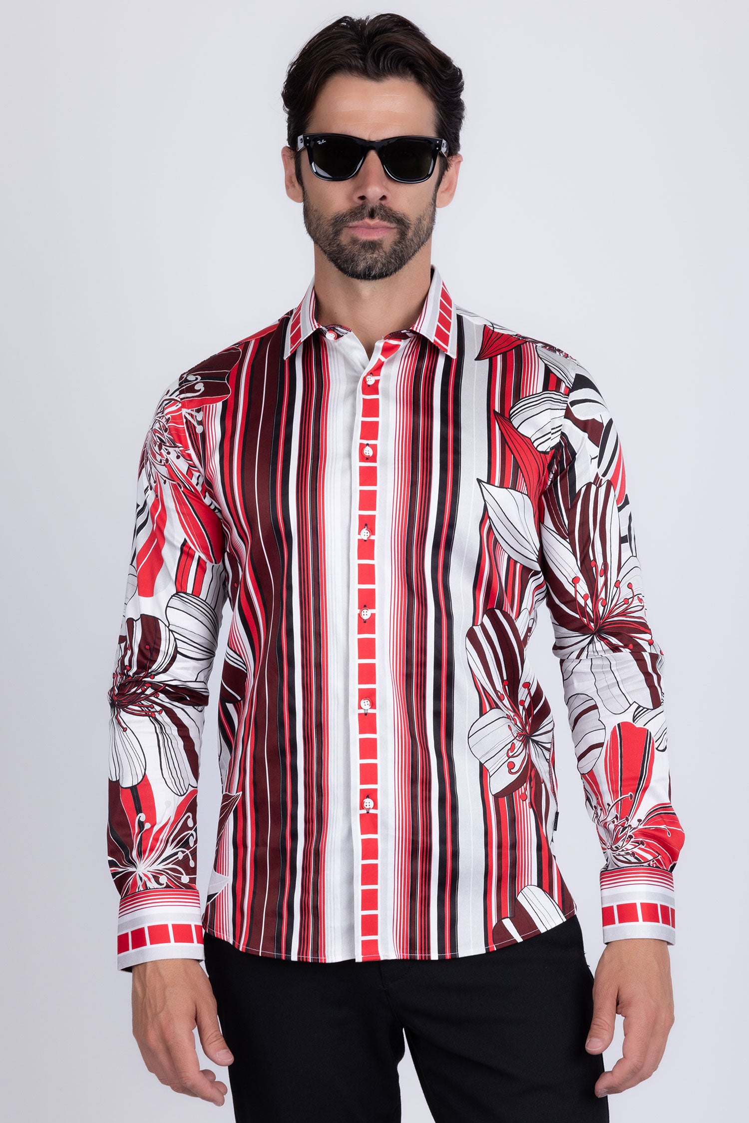 BARABAS Men's Vibrant Floral Printed Striped Long Sleeves Shirt SP08 Red