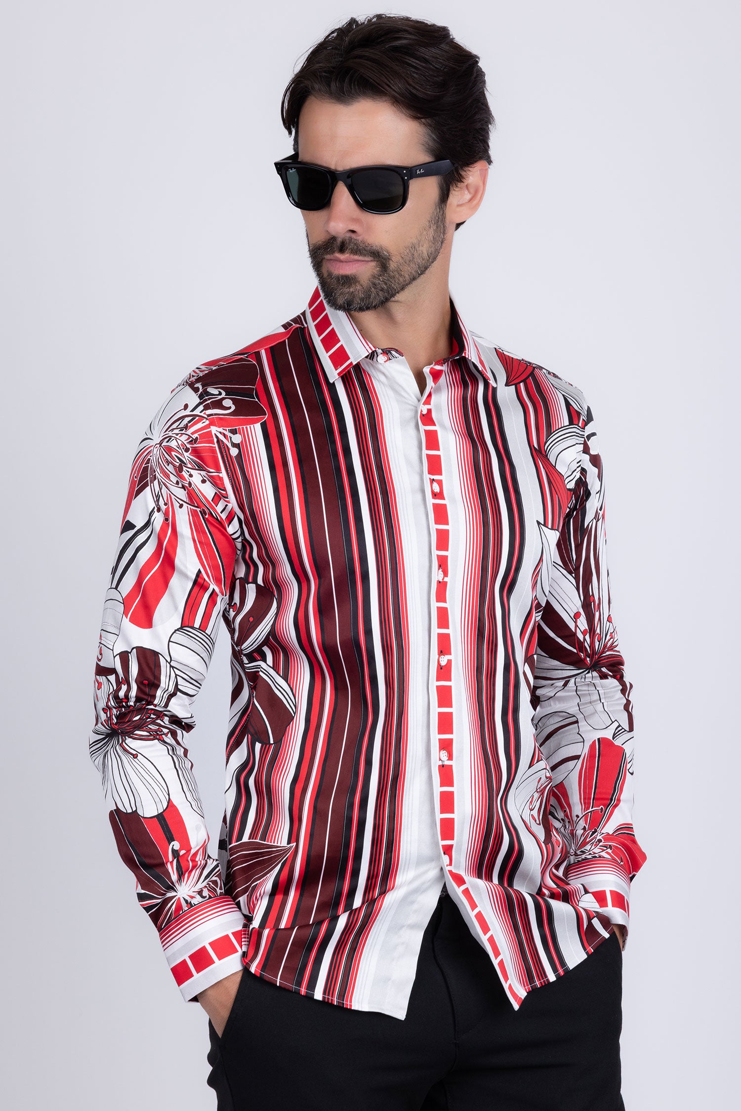 BARABAS Men's Vibrant Floral Printed Striped Long Sleeves Shirt SP08 Red