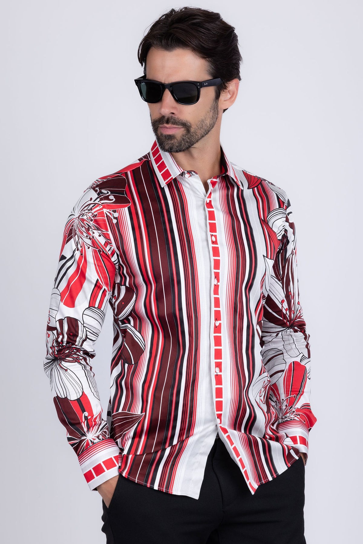 BARABAS Men's Vibrant Floral Printed Striped Long Sleeves Shirt SP08 Red