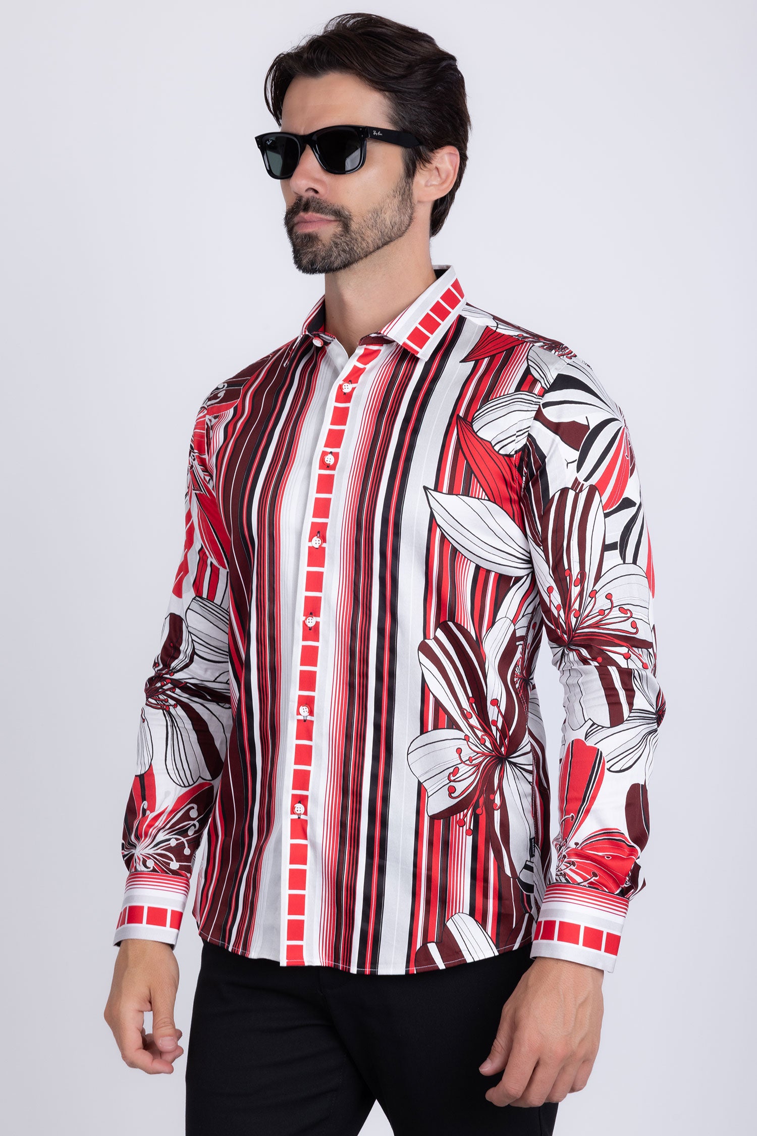 BARABAS Men's Vibrant Floral Printed Striped Long Sleeves Shirt SP08 Red