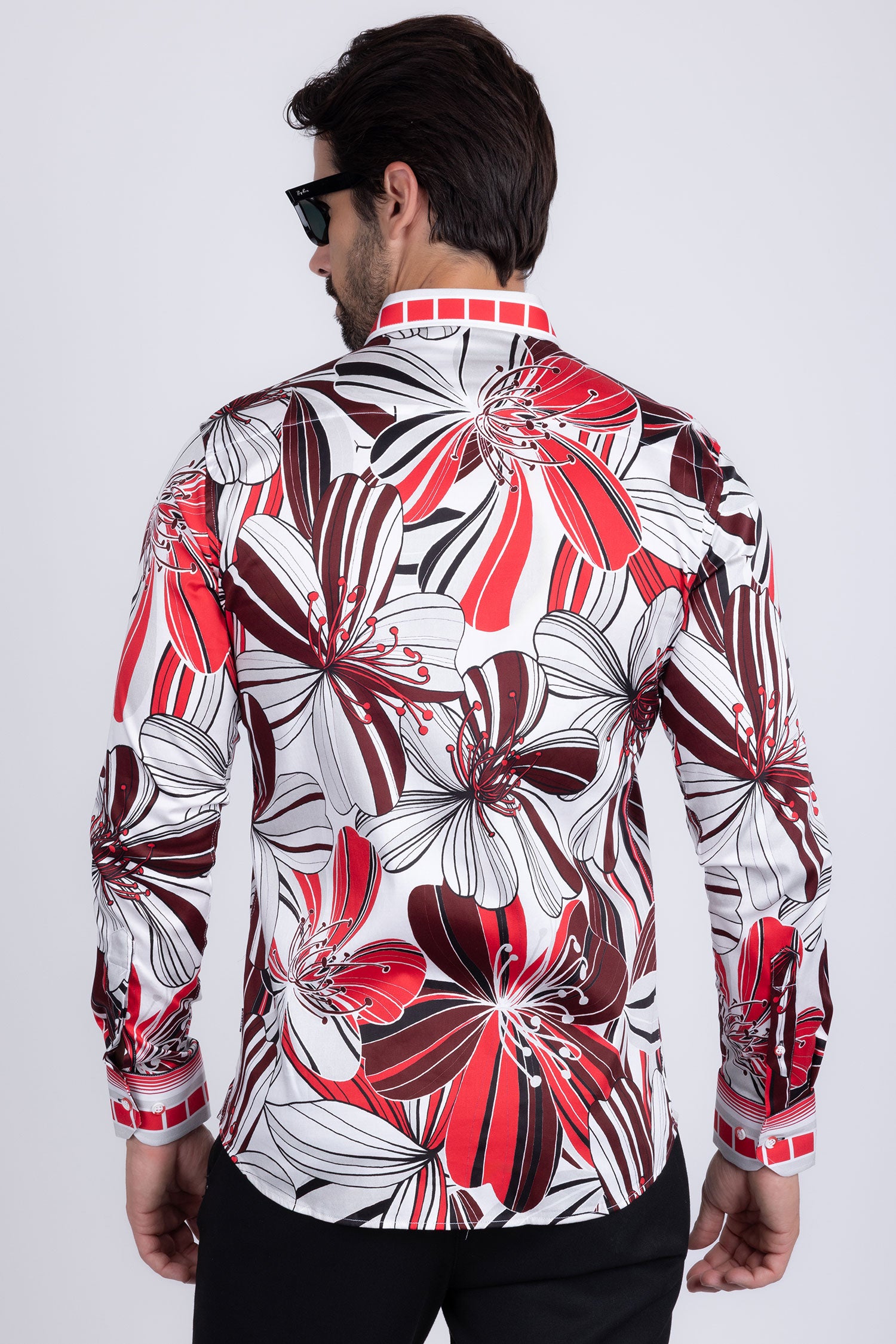 BARABAS Men's Vibrant Floral Printed Striped Long Sleeves Shirt SP08 Red