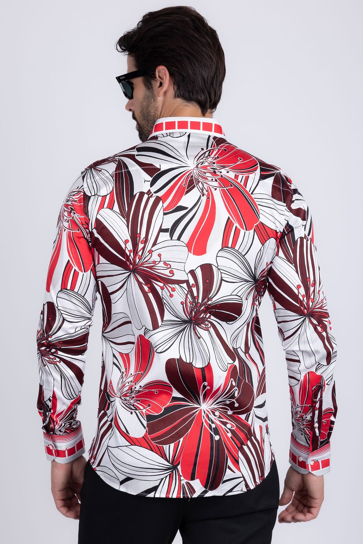 BARABAS Men's Vibrant Floral Printed Striped Long Sleeves Shirt SP08 Red