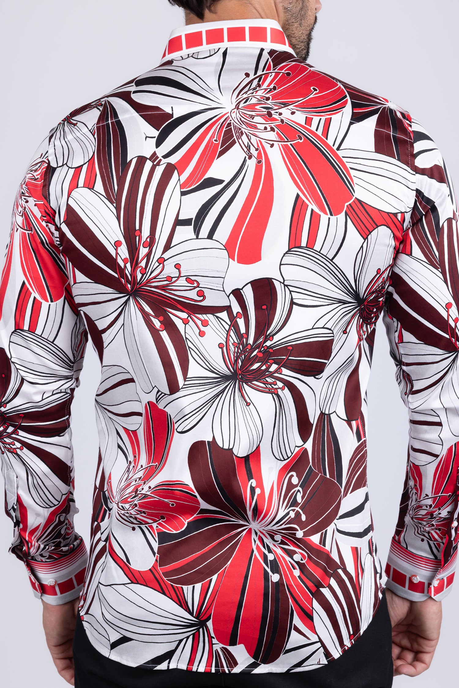 BARABAS Men's Vibrant Floral Printed Striped Long Sleeves Shirt SP08 Red