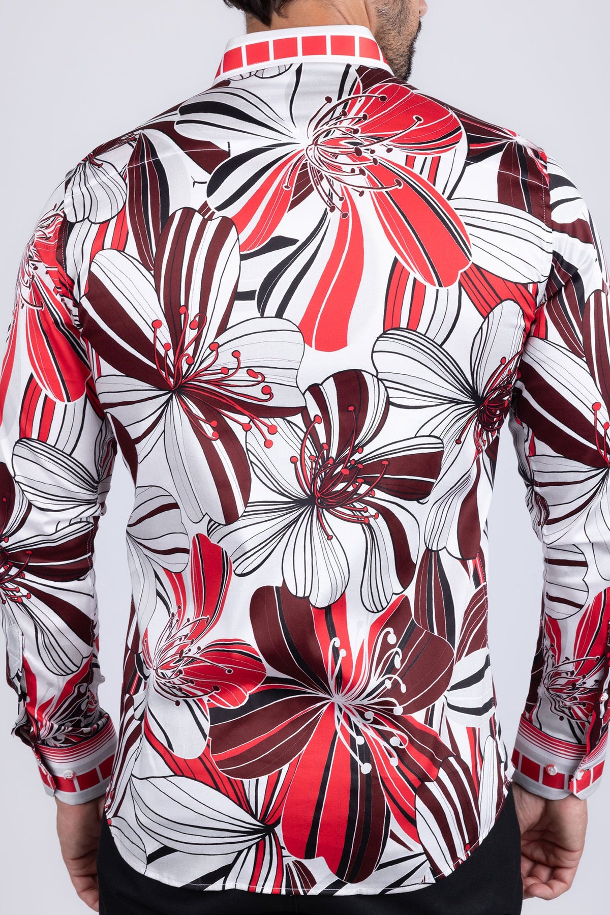 BARABAS Men's Vibrant Floral Printed Striped Long Sleeves Shirt SP08 Red