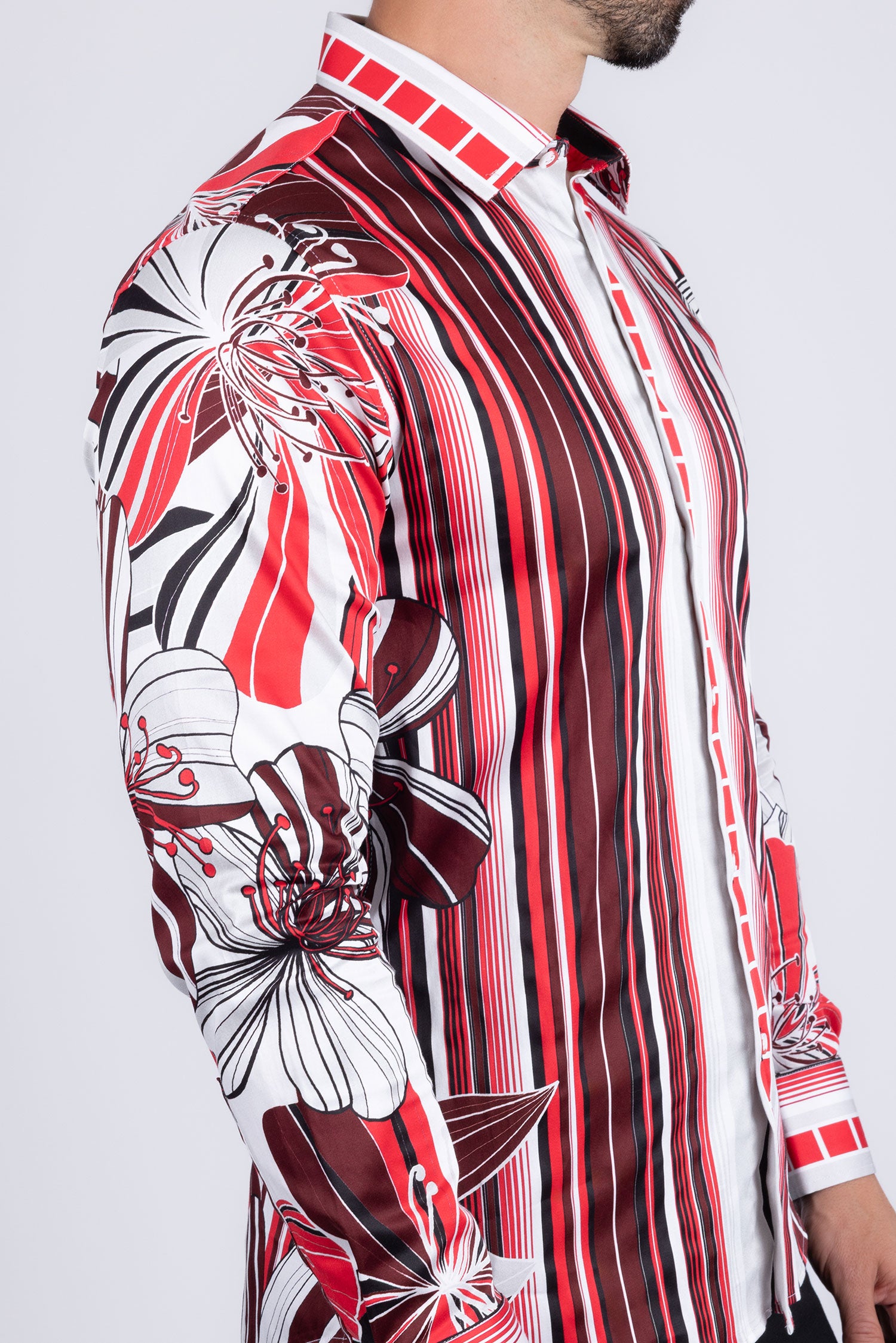 BARABAS Men's Vibrant Floral Printed Striped Long Sleeves Shirt SP08 Red