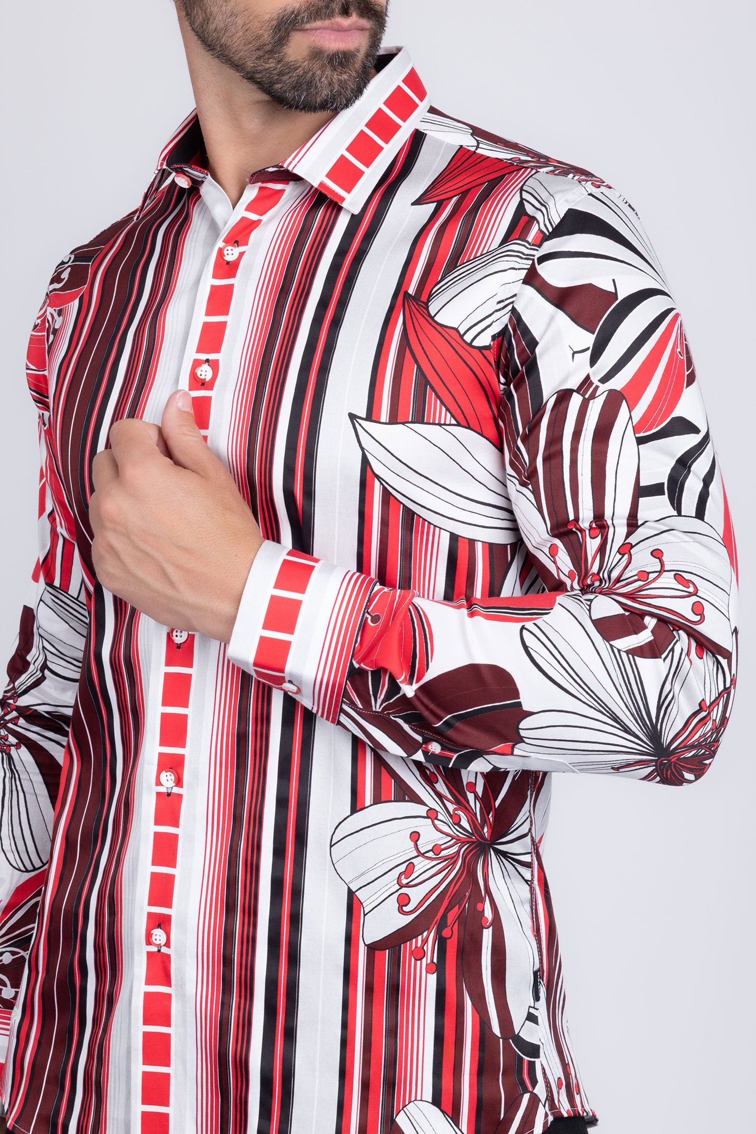 BARABAS Men's Vibrant Floral Printed Striped Long Sleeves Shirt SP08 Red