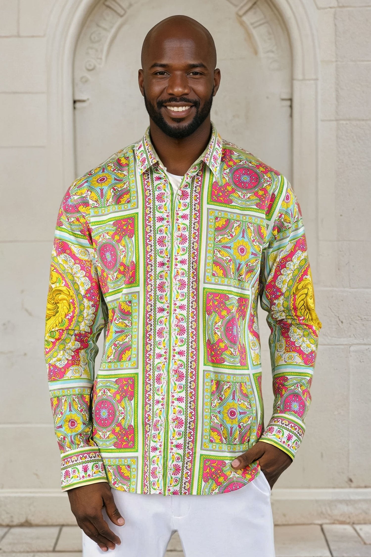 Barabas Men's Luxury Medusa Floral Baroque Button Down Shirt SP13