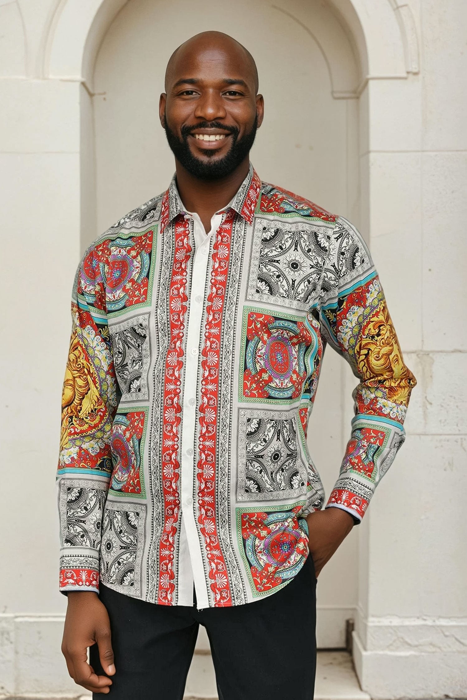Barabas Men's Luxury Medusa Floral Baroque Button Down Shirt SP13 Red