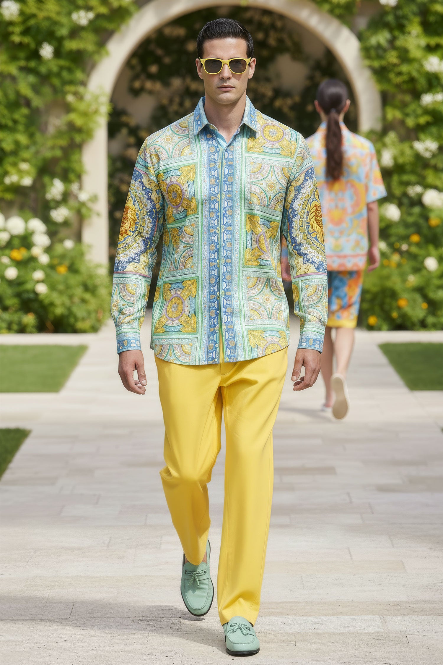 Barabas Men's Luxury Medusa Floral Baroque Button Down Shirt SP13 Mint Blue