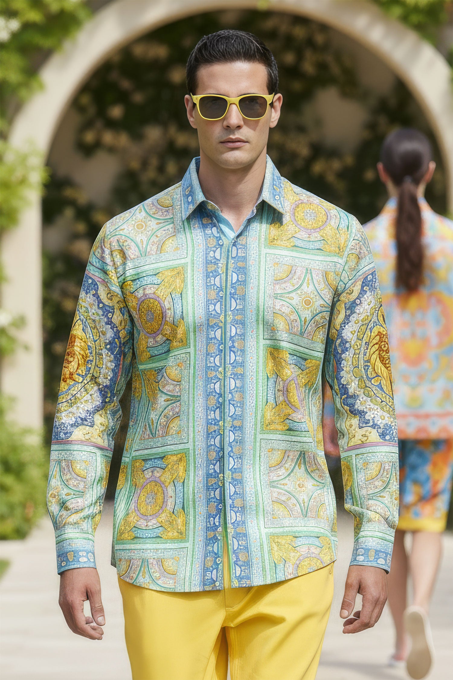 Barabas Men's Luxury Medusa Floral Baroque Button Down Shirt SP13 Sky